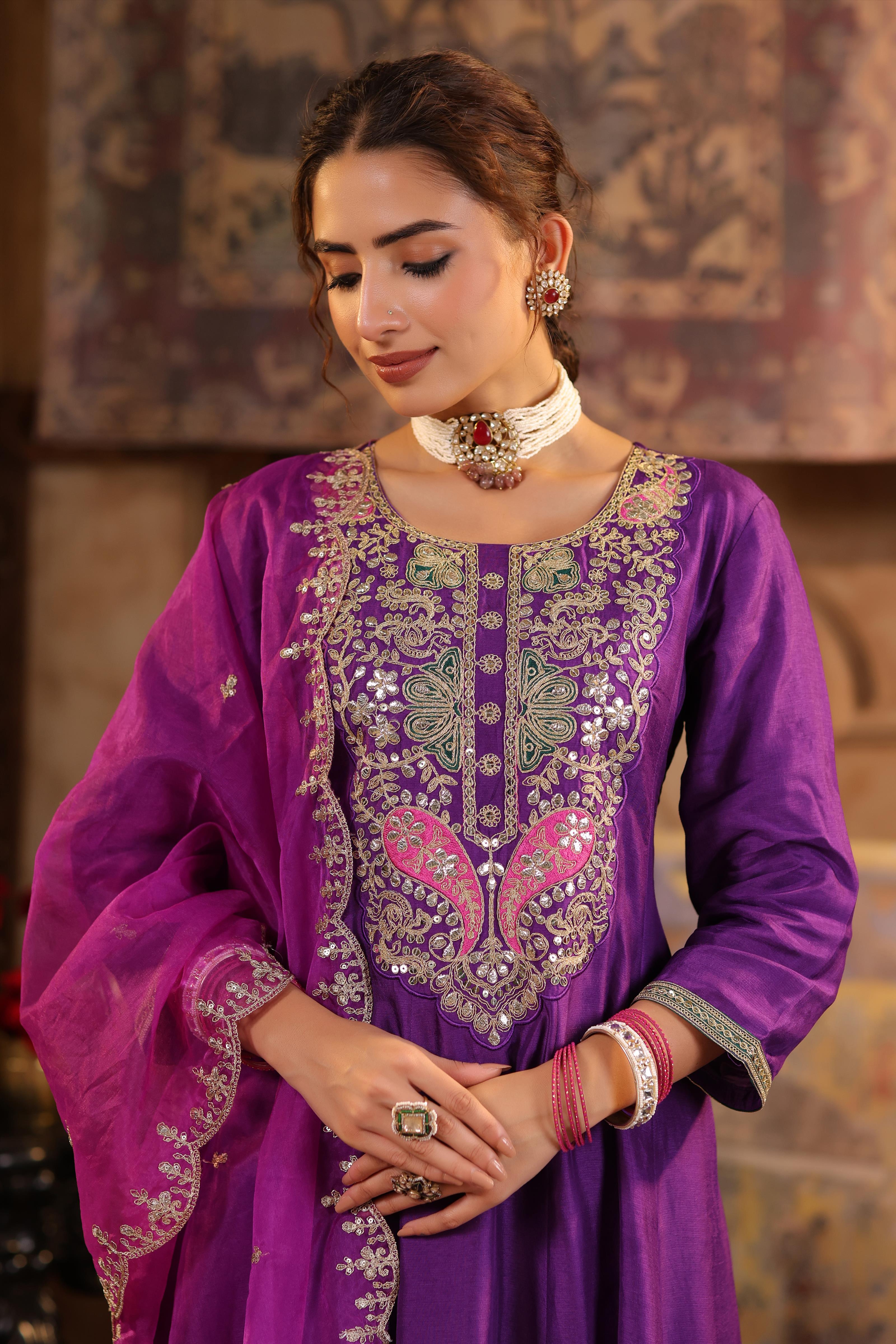 Purple Dupion Silk Dori-Gota Work Anarkali Set