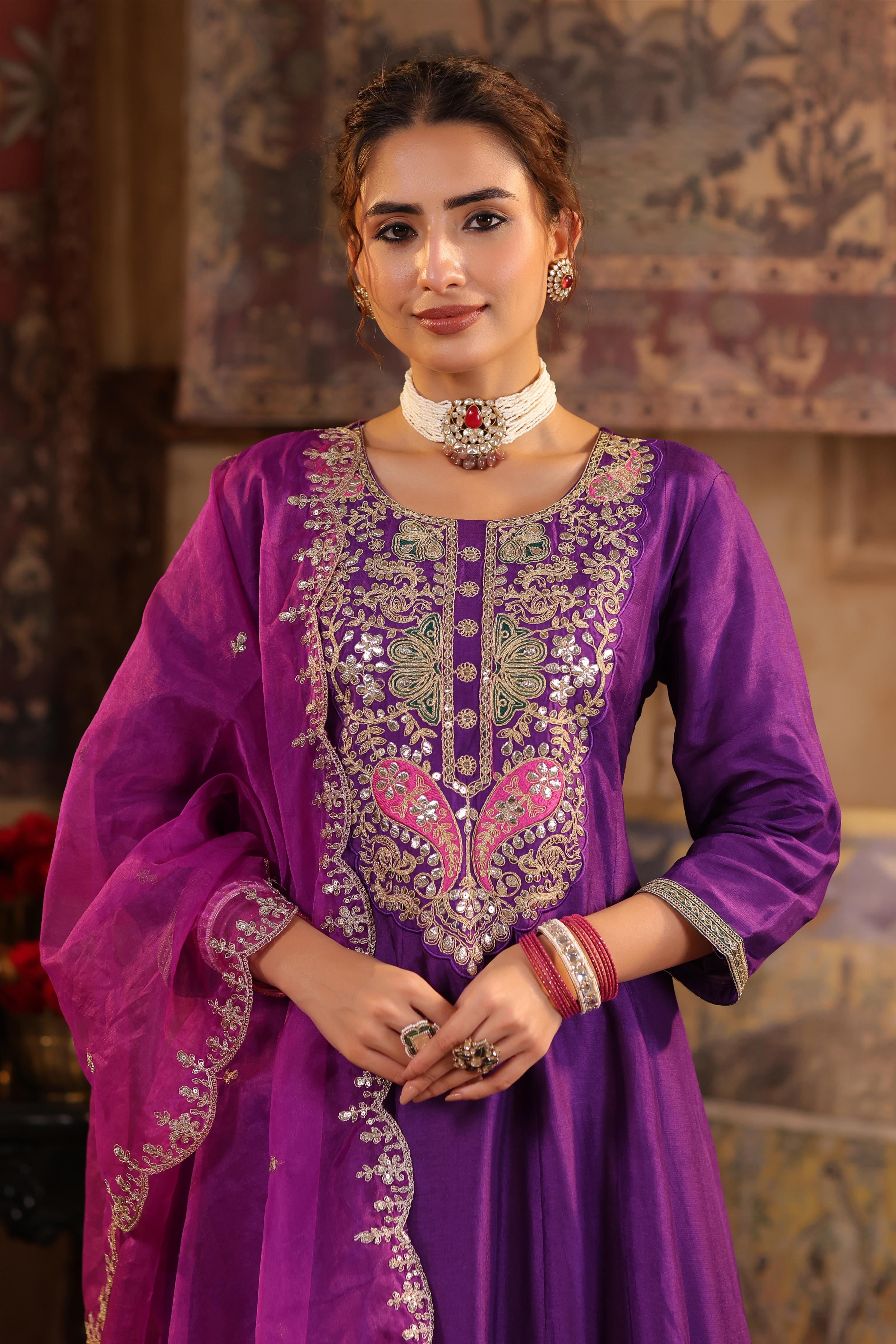 Purple Dupion Silk Dori-Gota Work Anarkali Set