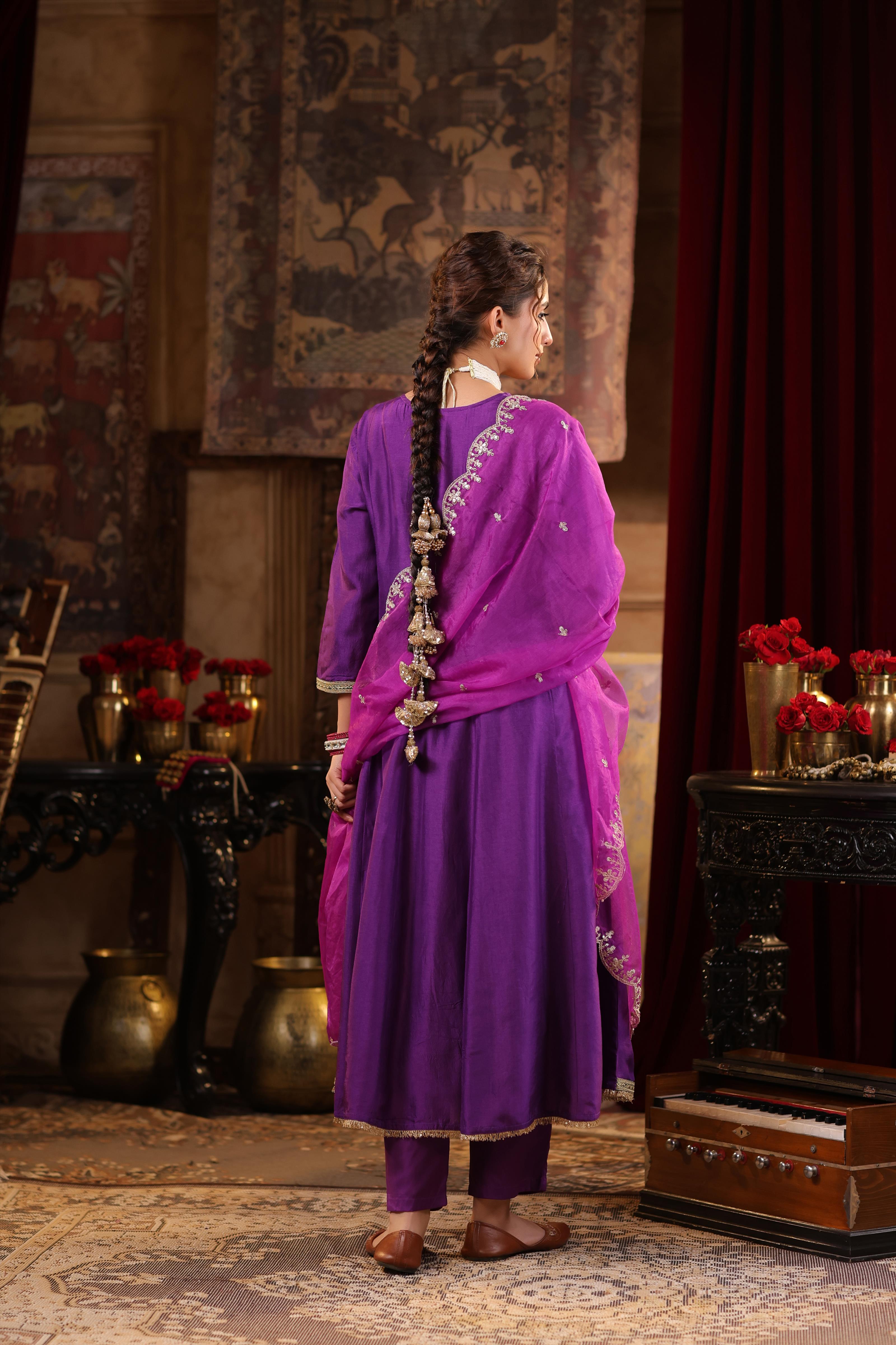 Purple Dupion Silk Dori-Gota Work Anarkali Set