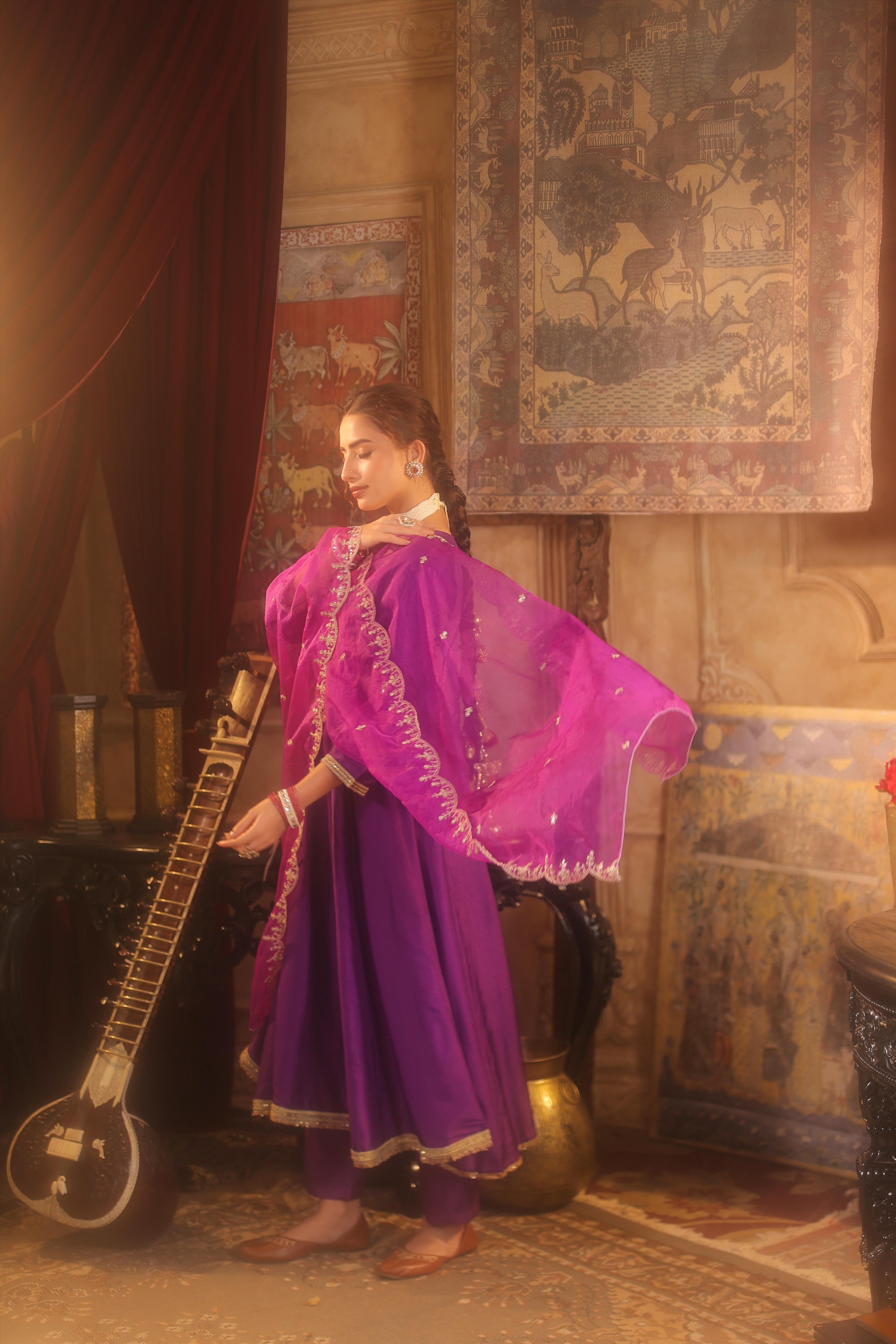 Purple Dupion Silk Dori-Gota Work Anarkali Set