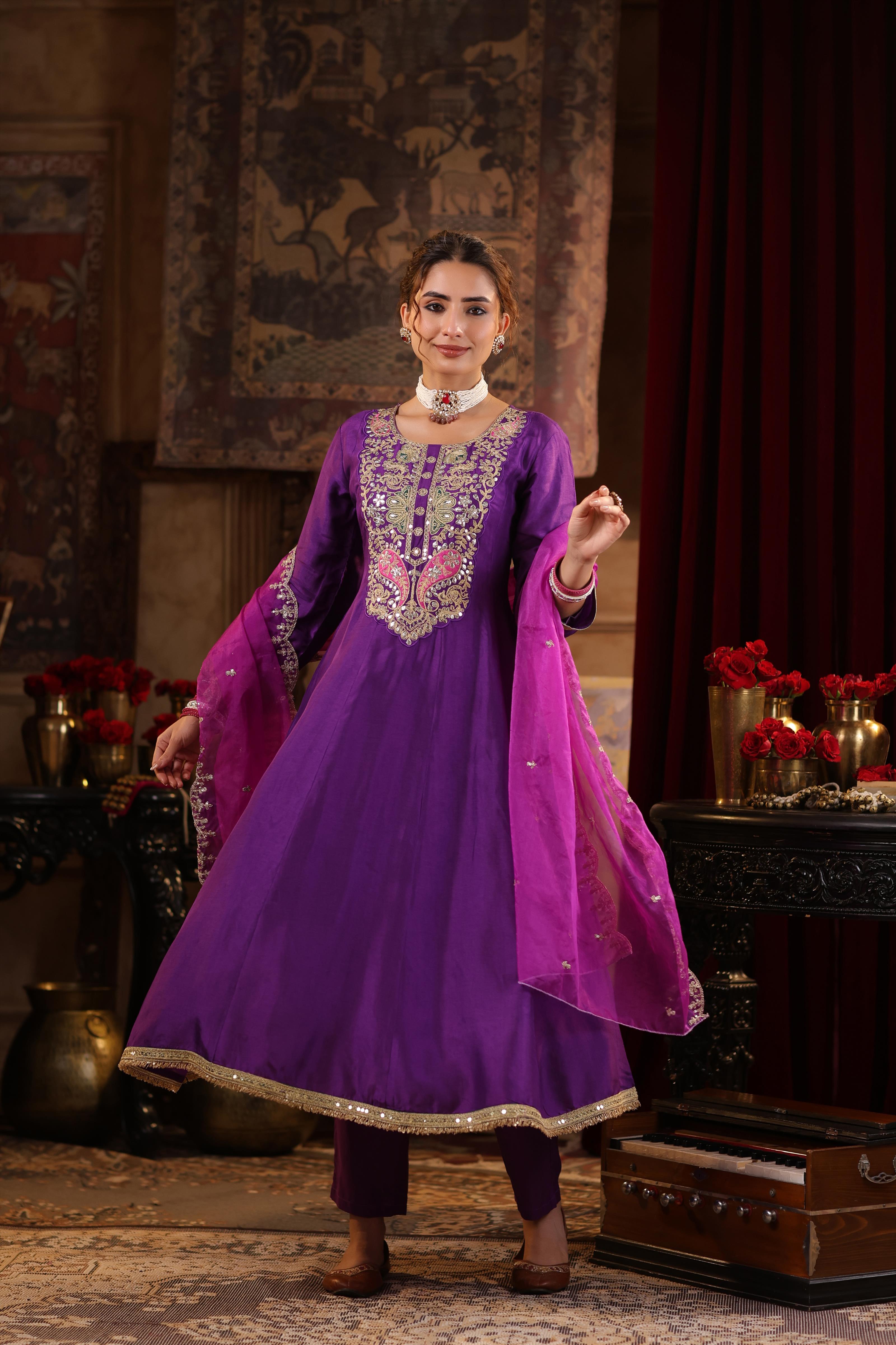 Purple Dupion Silk Dori-Gota Work Anarkali Set