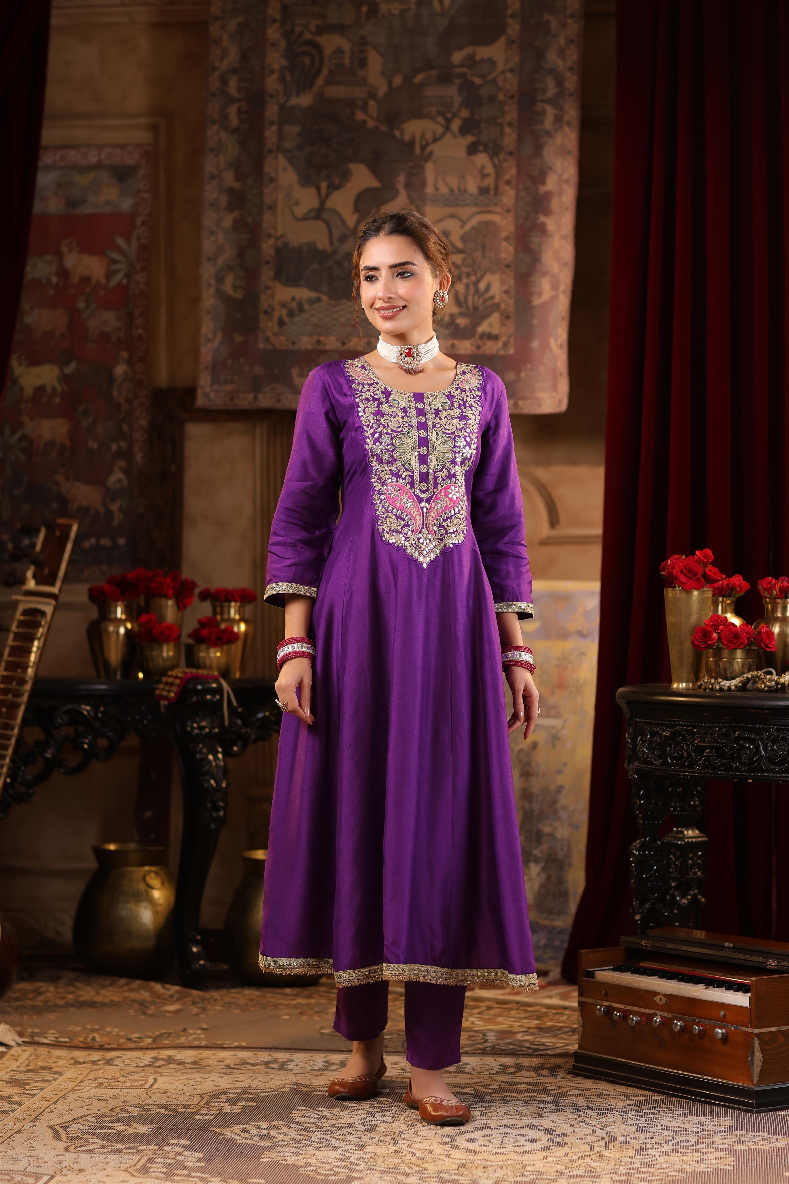 Purple Dupion Silk Dori-Gota Work Anarkali Set