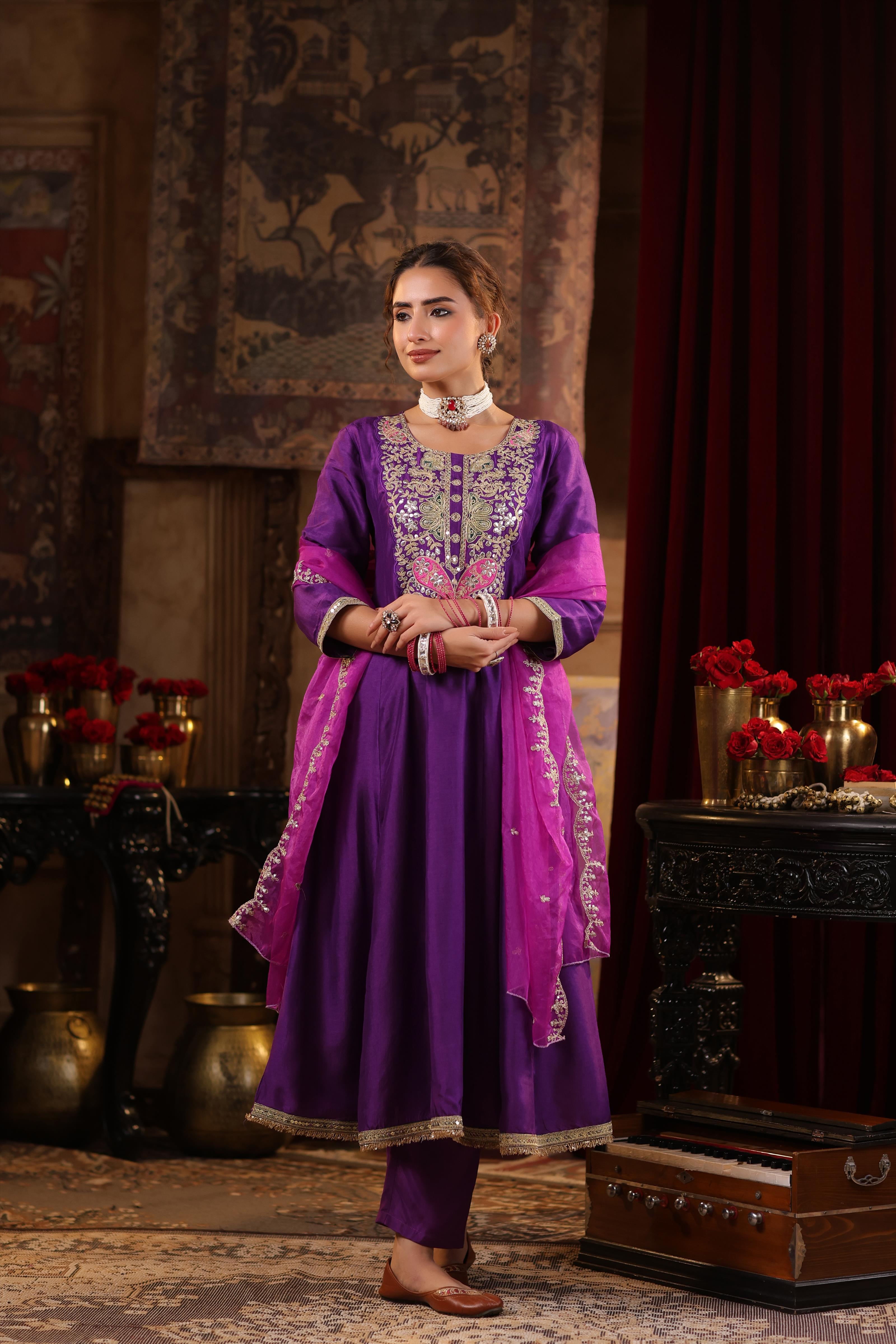 Purple Dupion Silk Dori-Gota Work Anarkali Set