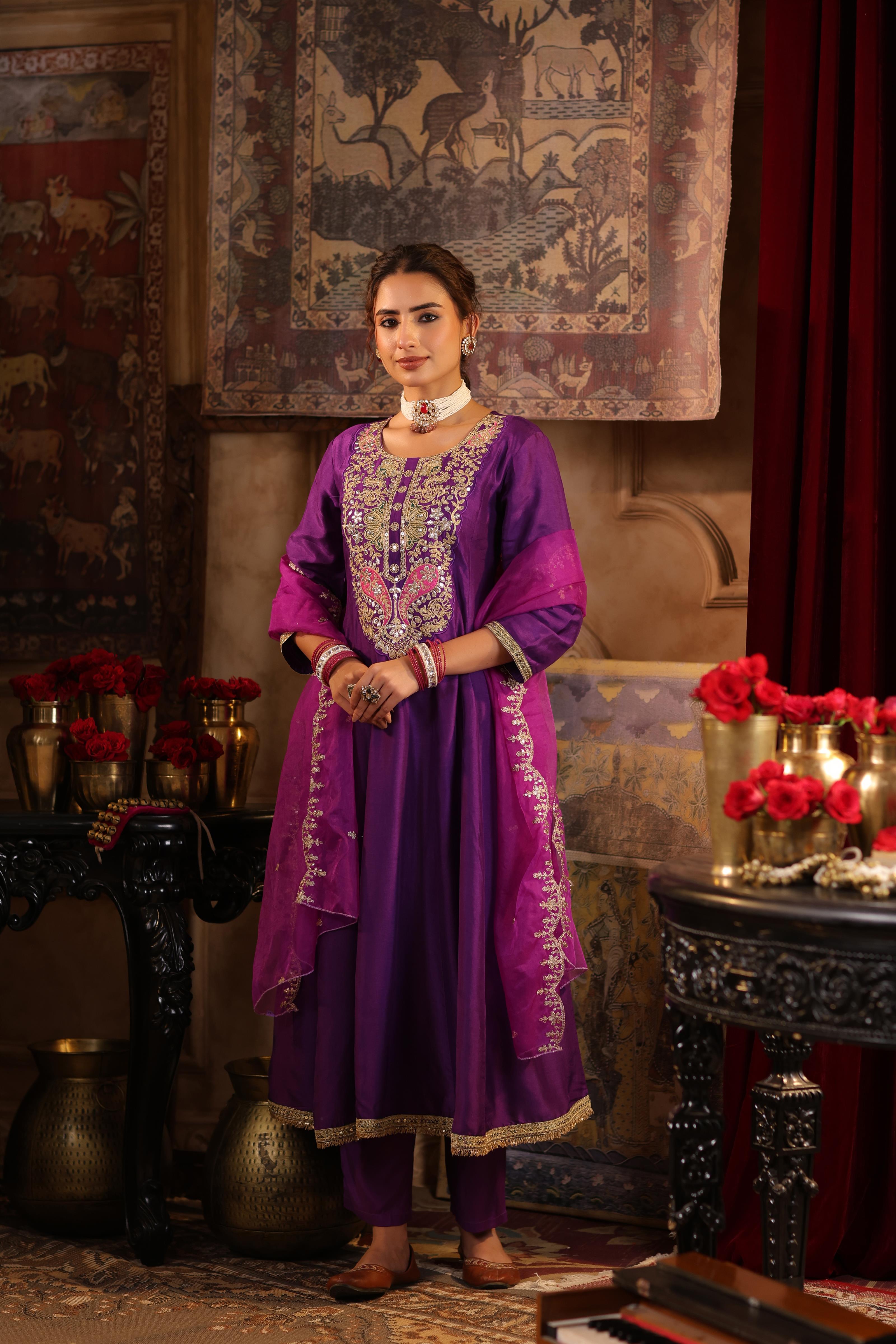 Purple Dupion Silk Dori-Gota Work Anarkali Set