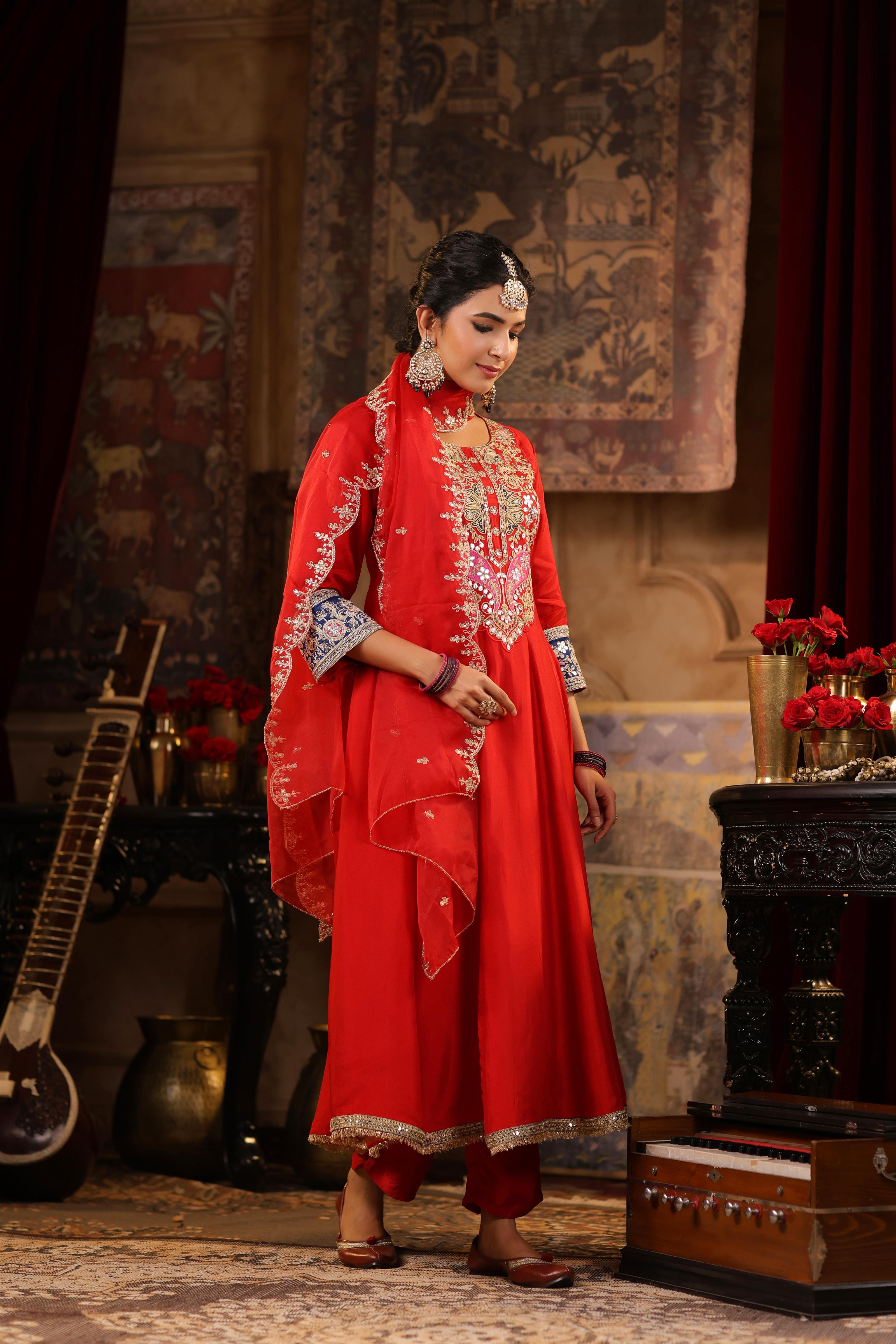 Red Dupion Silk Dori-Gota Work Anarkali Set