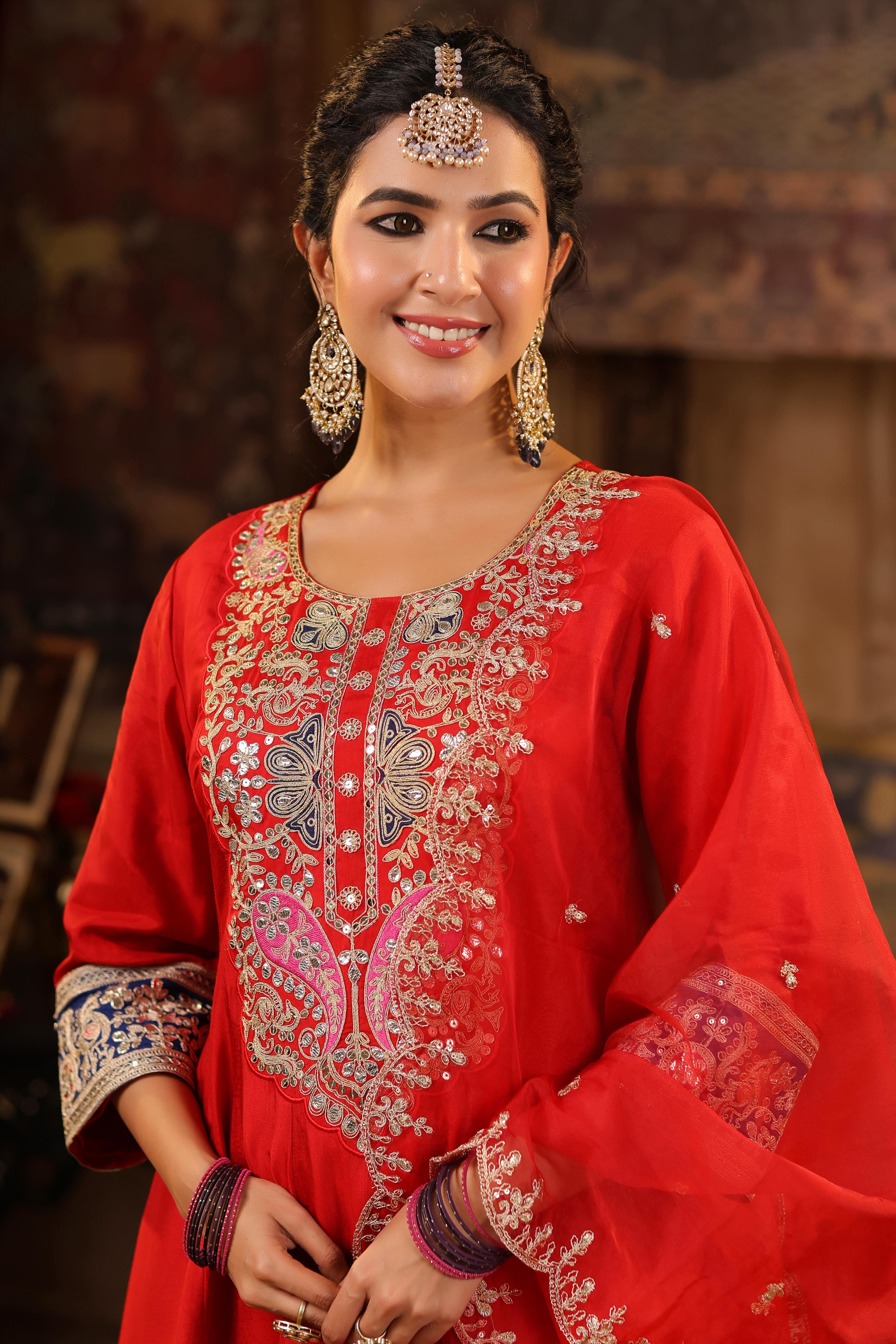 Red Dupion Silk Dori-Gota Work Anarkali Set