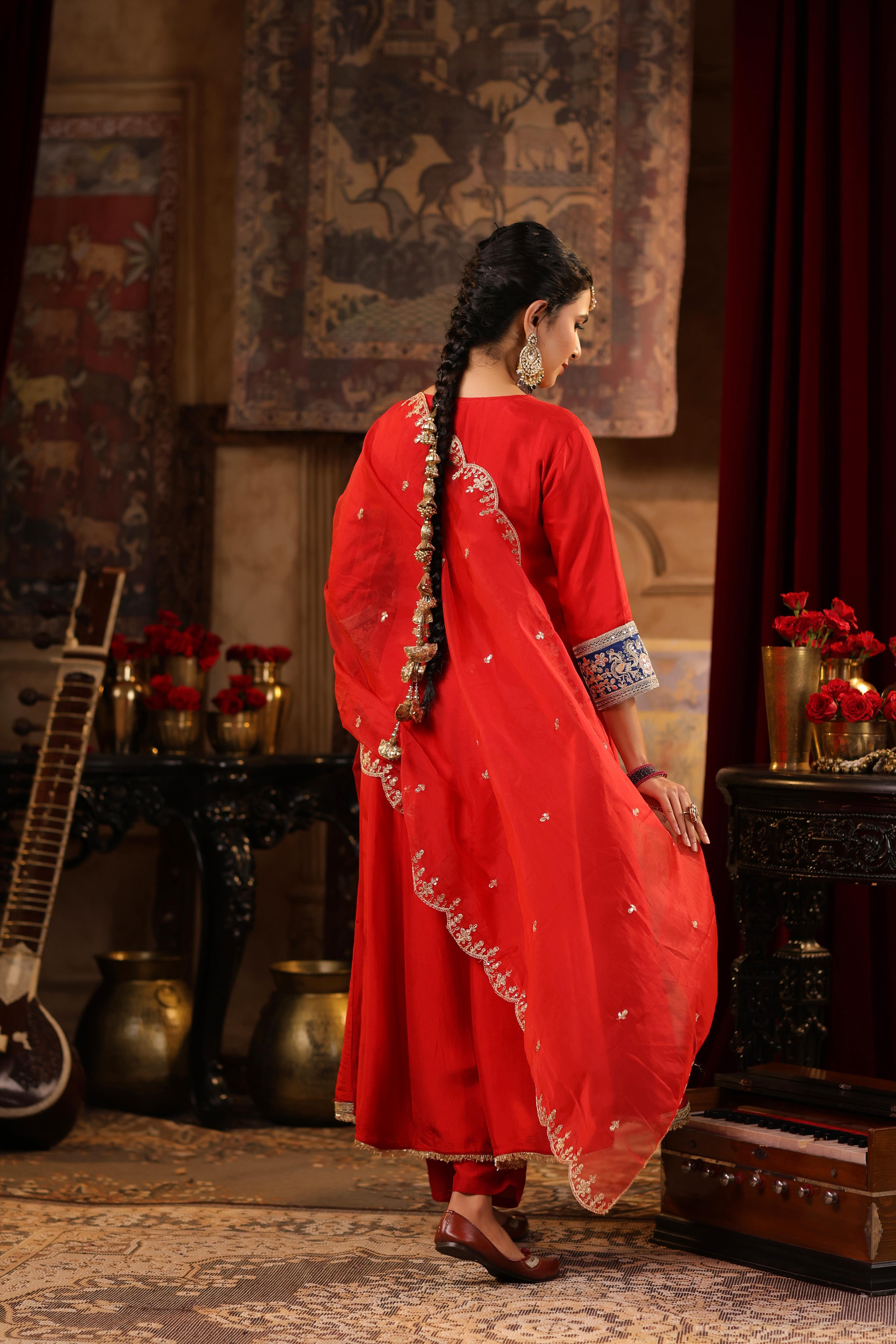 Red Dupion Silk Dori-Gota Work Anarkali Set