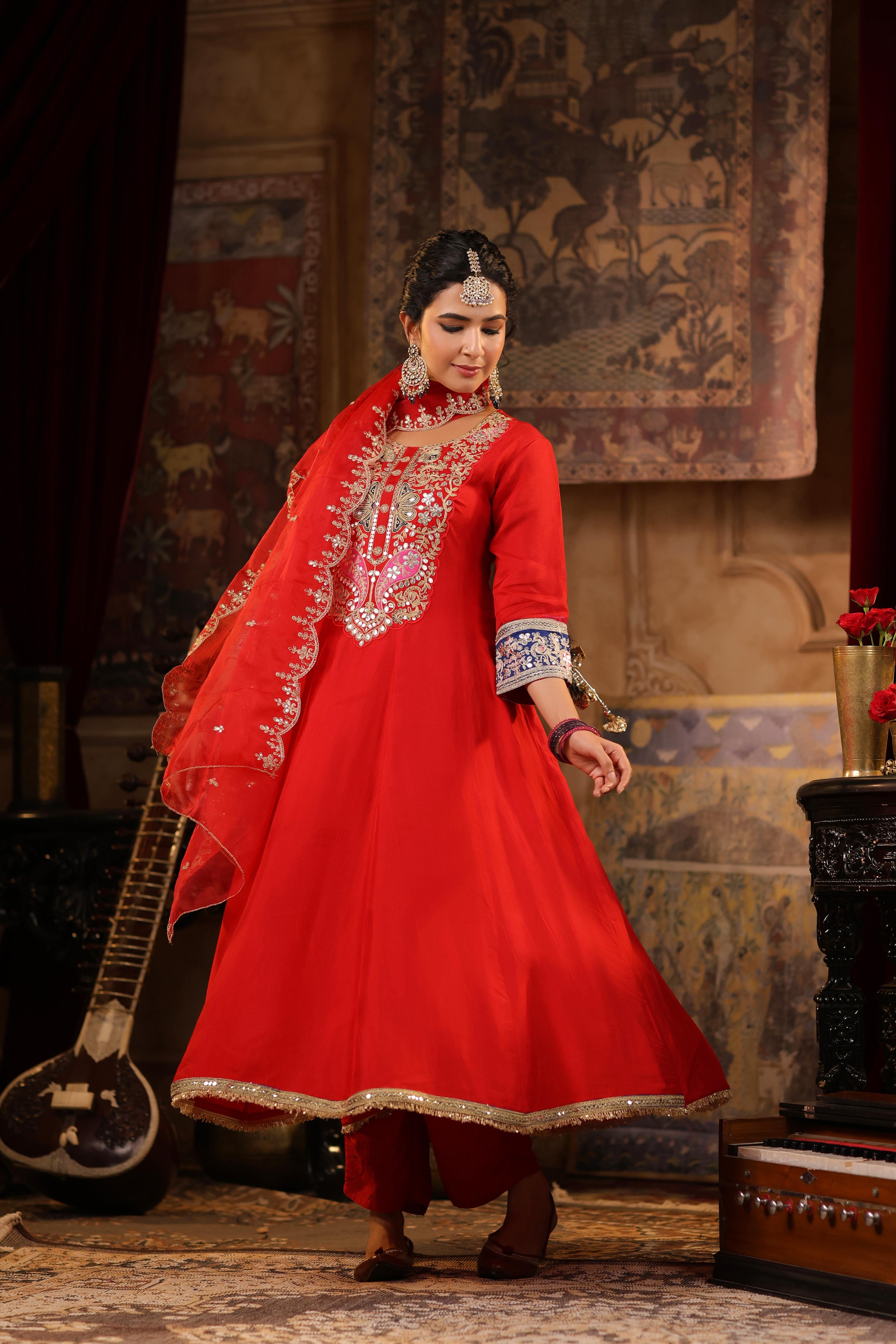 Red Dupion Silk Dori-Gota Work Anarkali Set