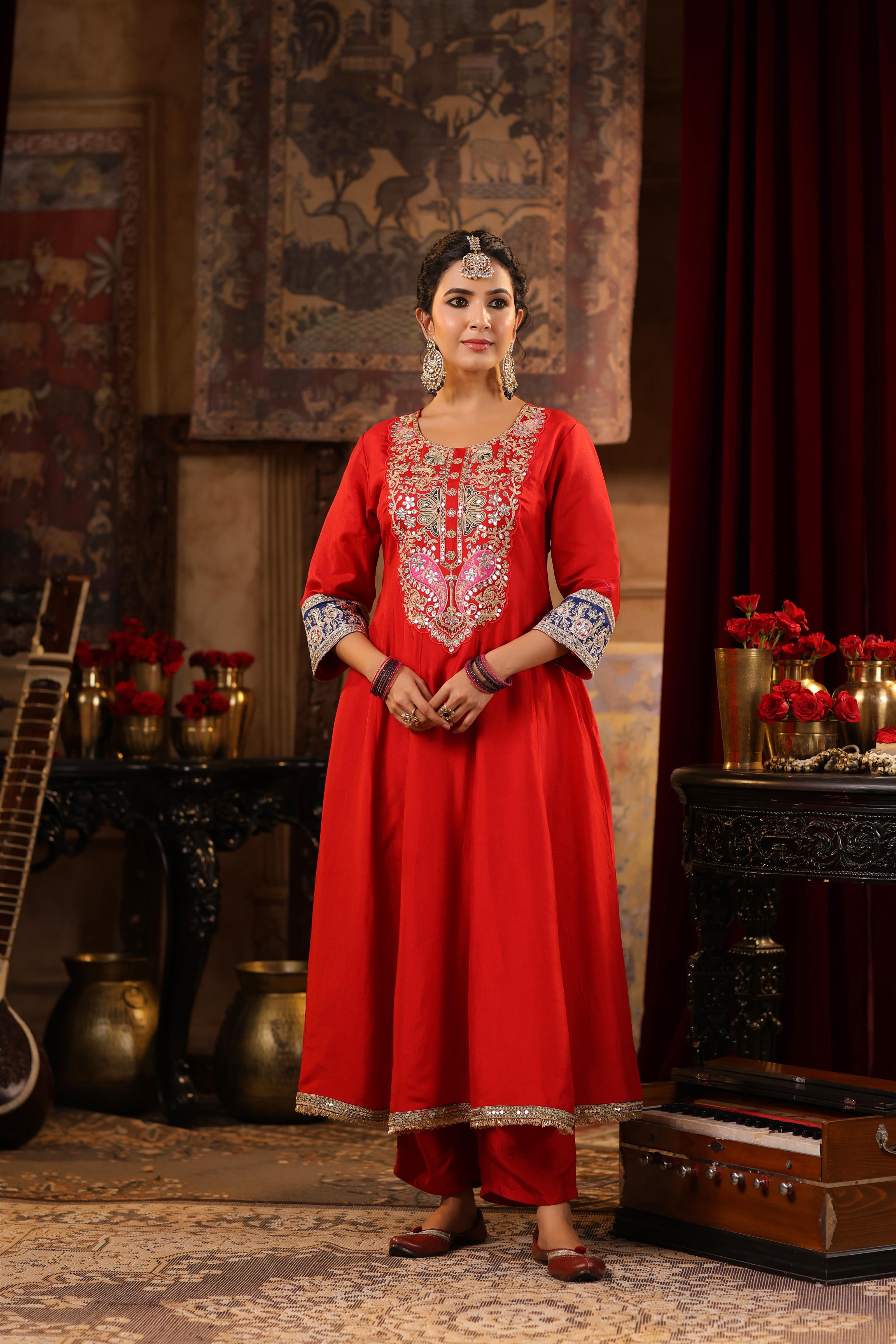 Red Dupion Silk Dori-Gota Work Anarkali Set