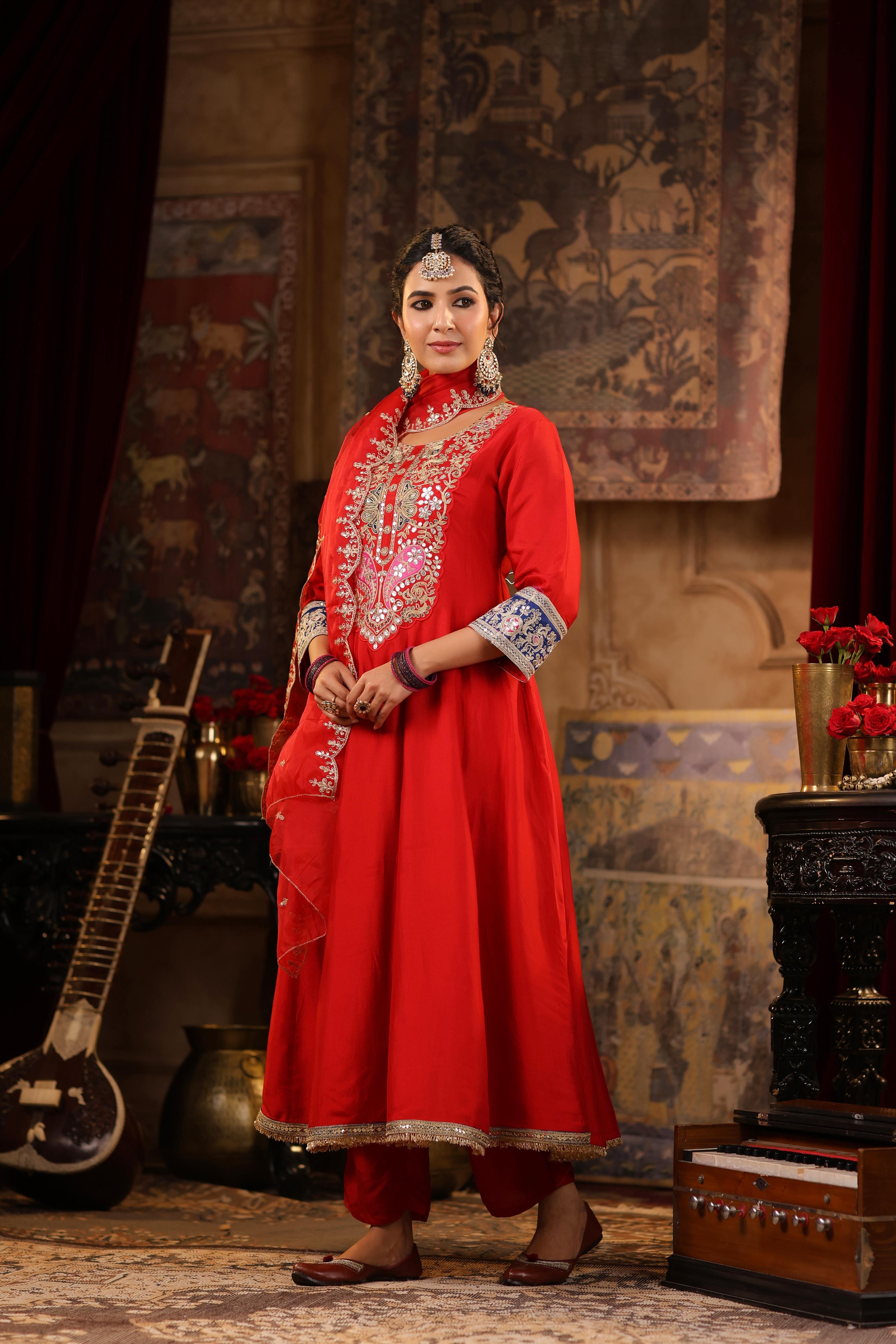 Red Dupion Silk Dori-Gota Work Anarkali Set