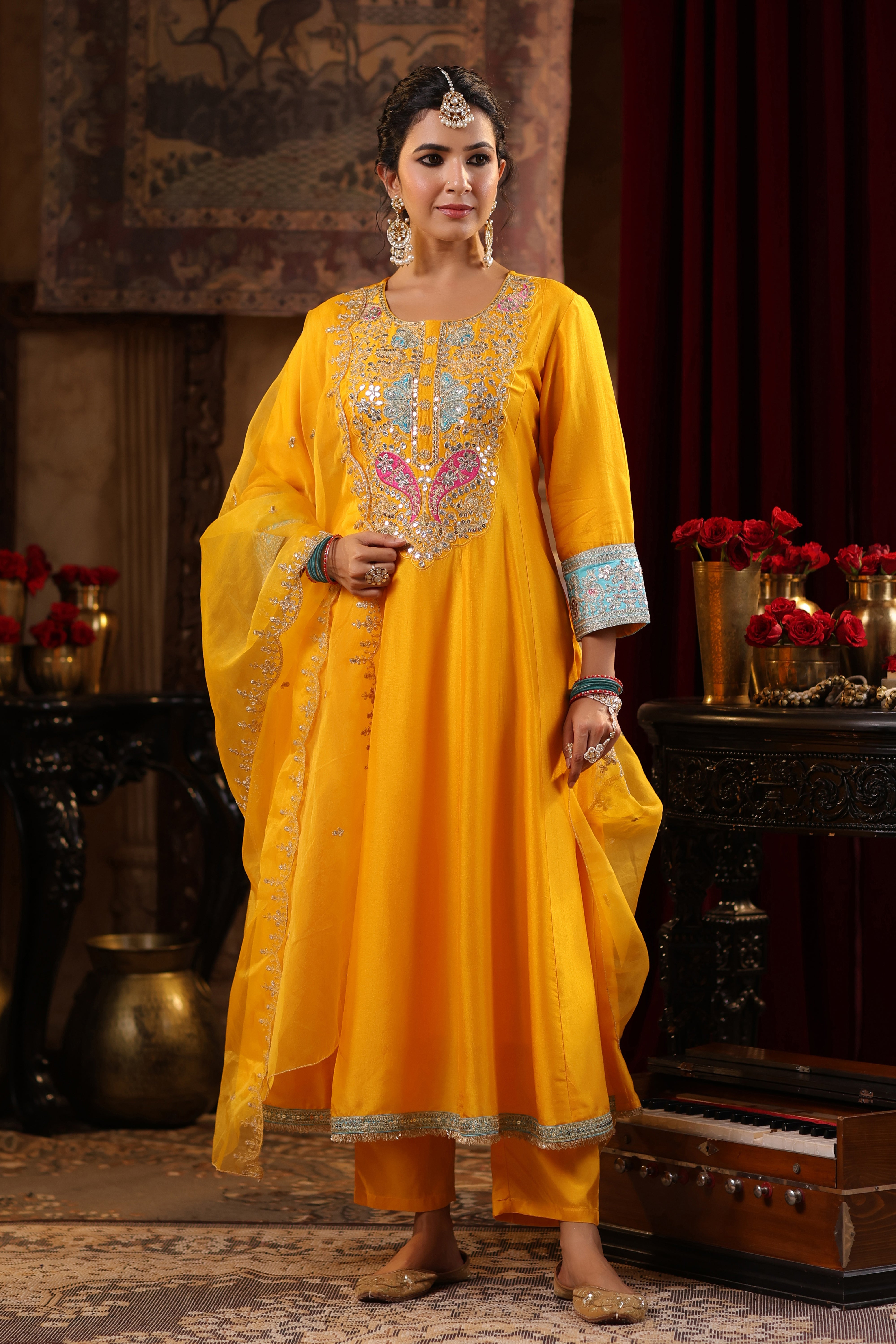 Yellow Dupion Silk Dori-Gota Work Anarkali Set