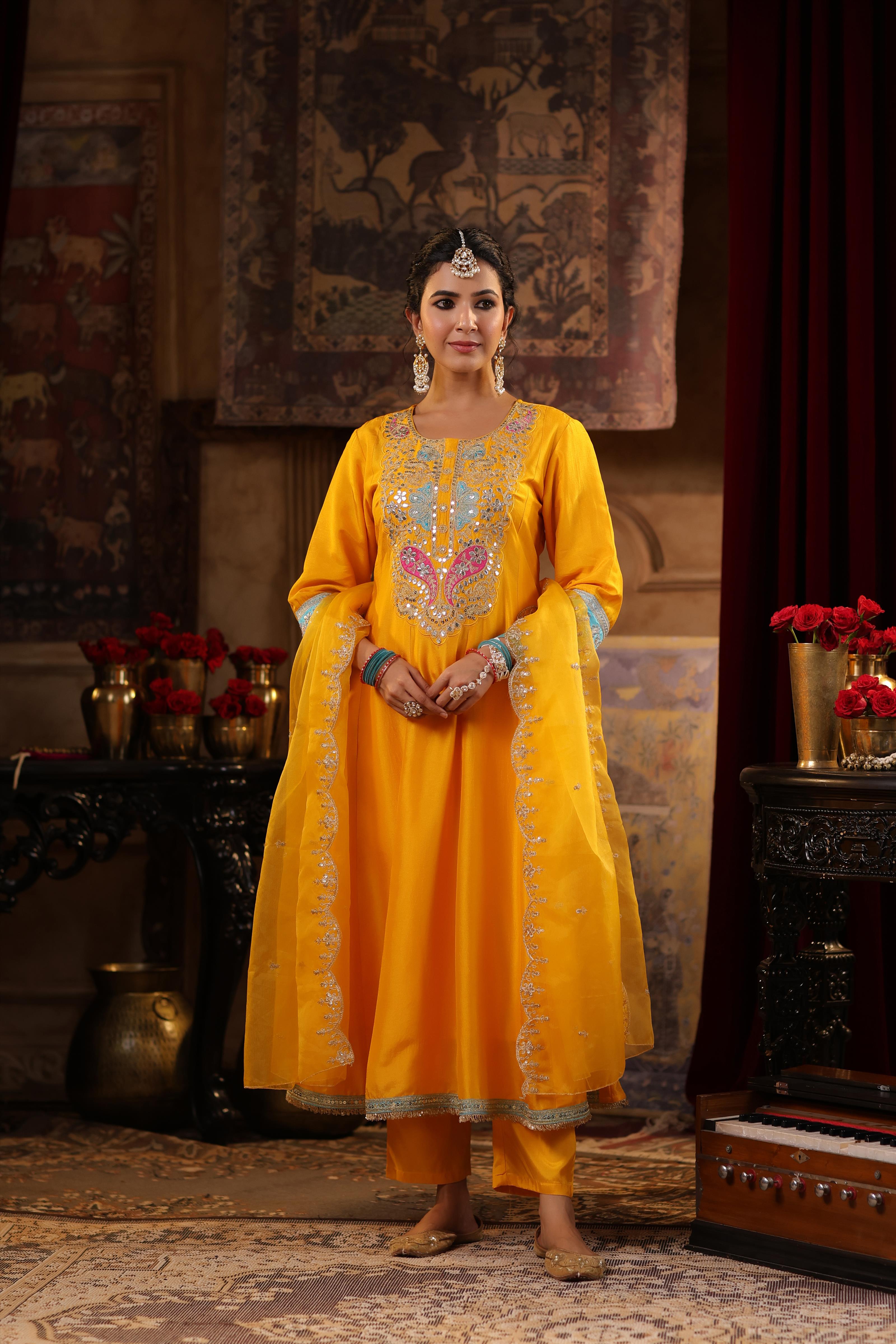 Yellow Dupion Silk Dori-Gota Work Anarkali Set