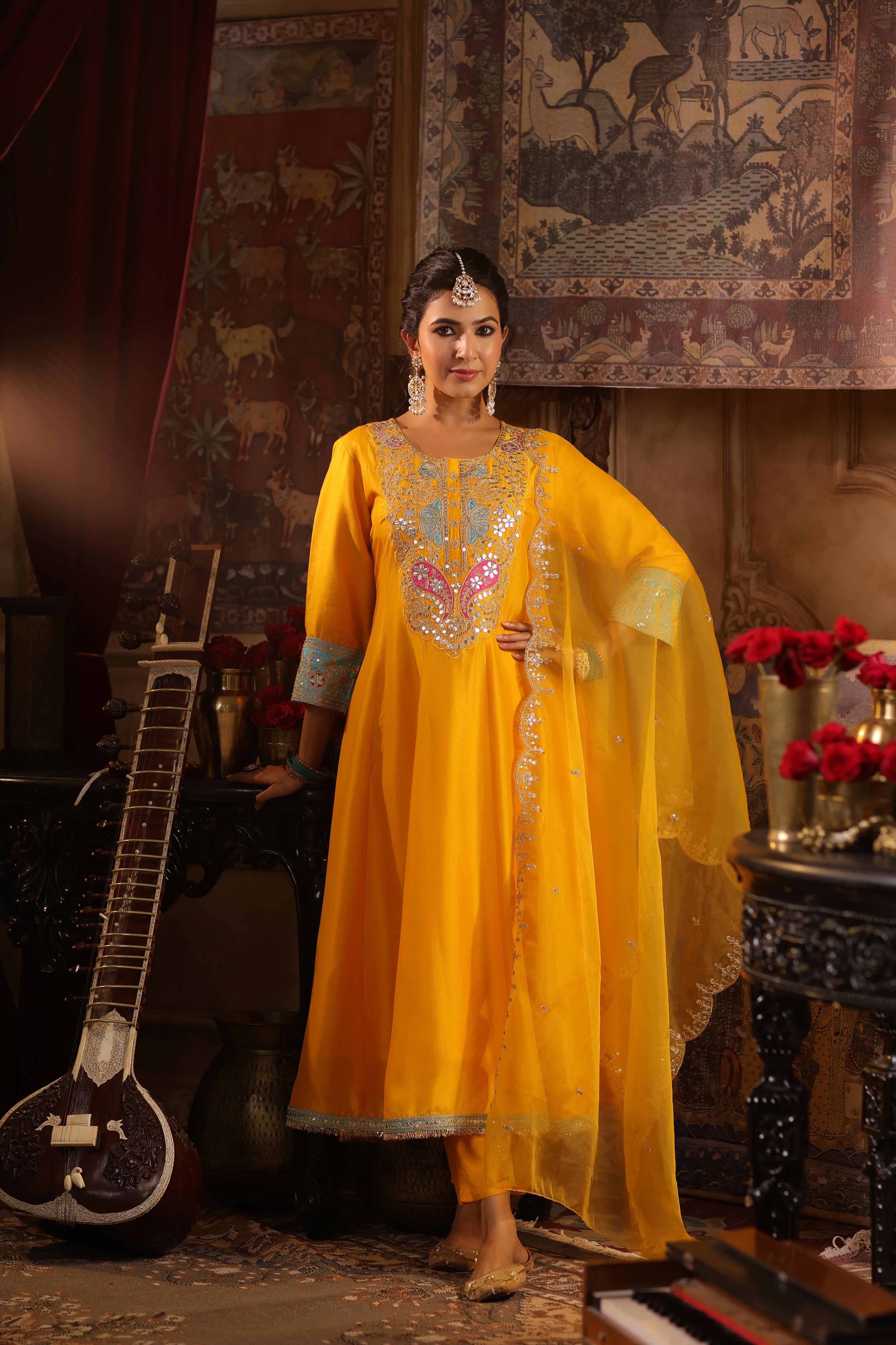 Yellow Dupion Silk Dori-Gota Work Anarkali Set