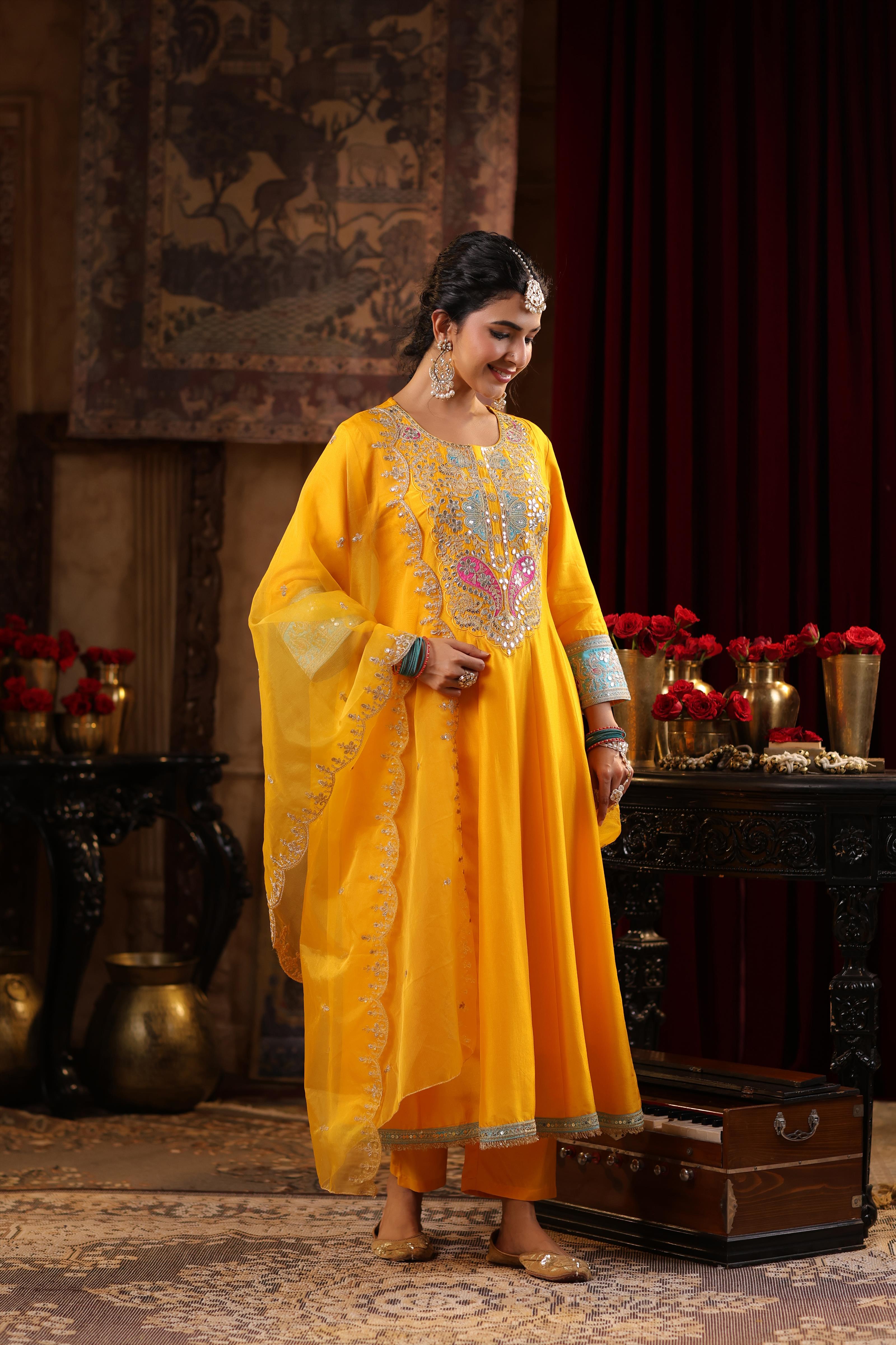 Yellow Dupion Silk Dori-Gota Work Anarkali Set