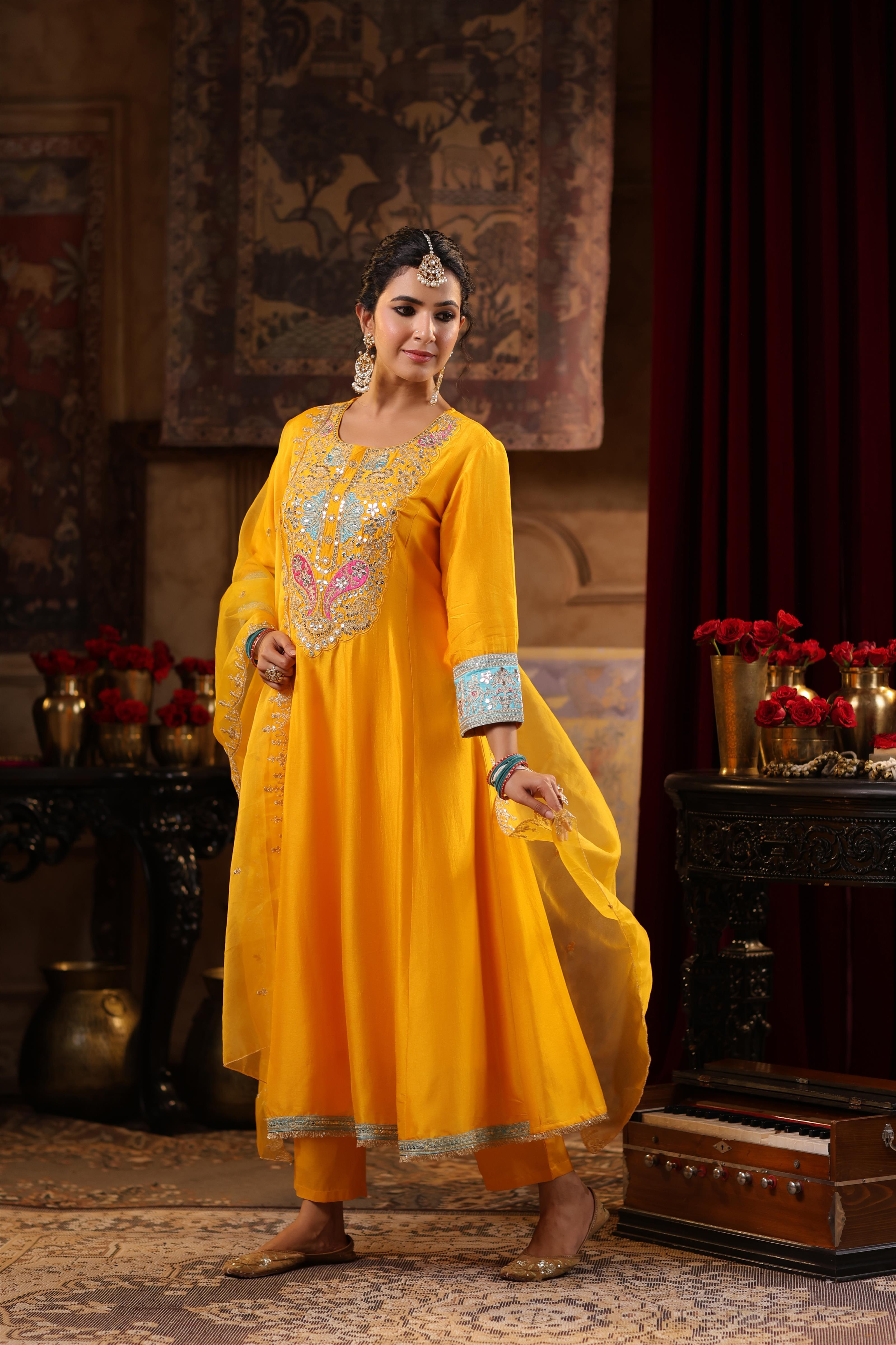 Yellow Dupion Silk Dori-Gota Work Anarkali Set