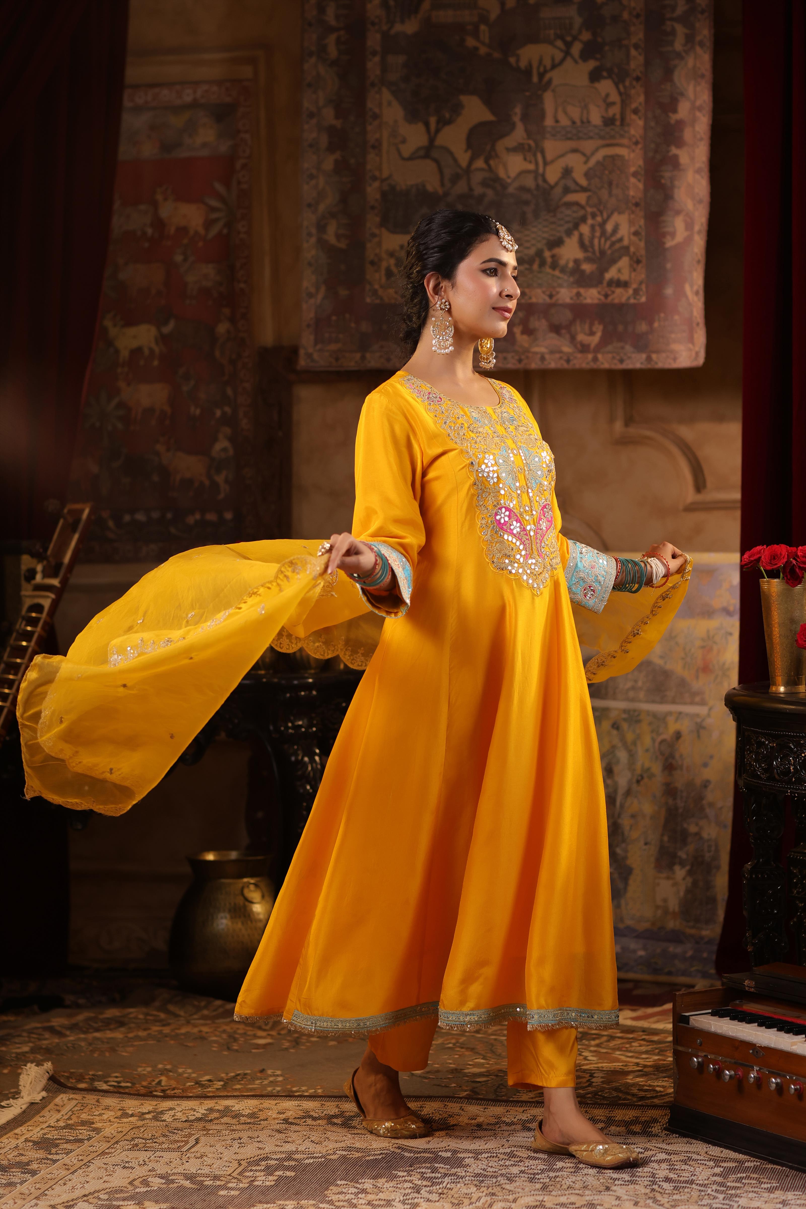 Yellow Dupion Silk Dori-Gota Work Anarkali Set