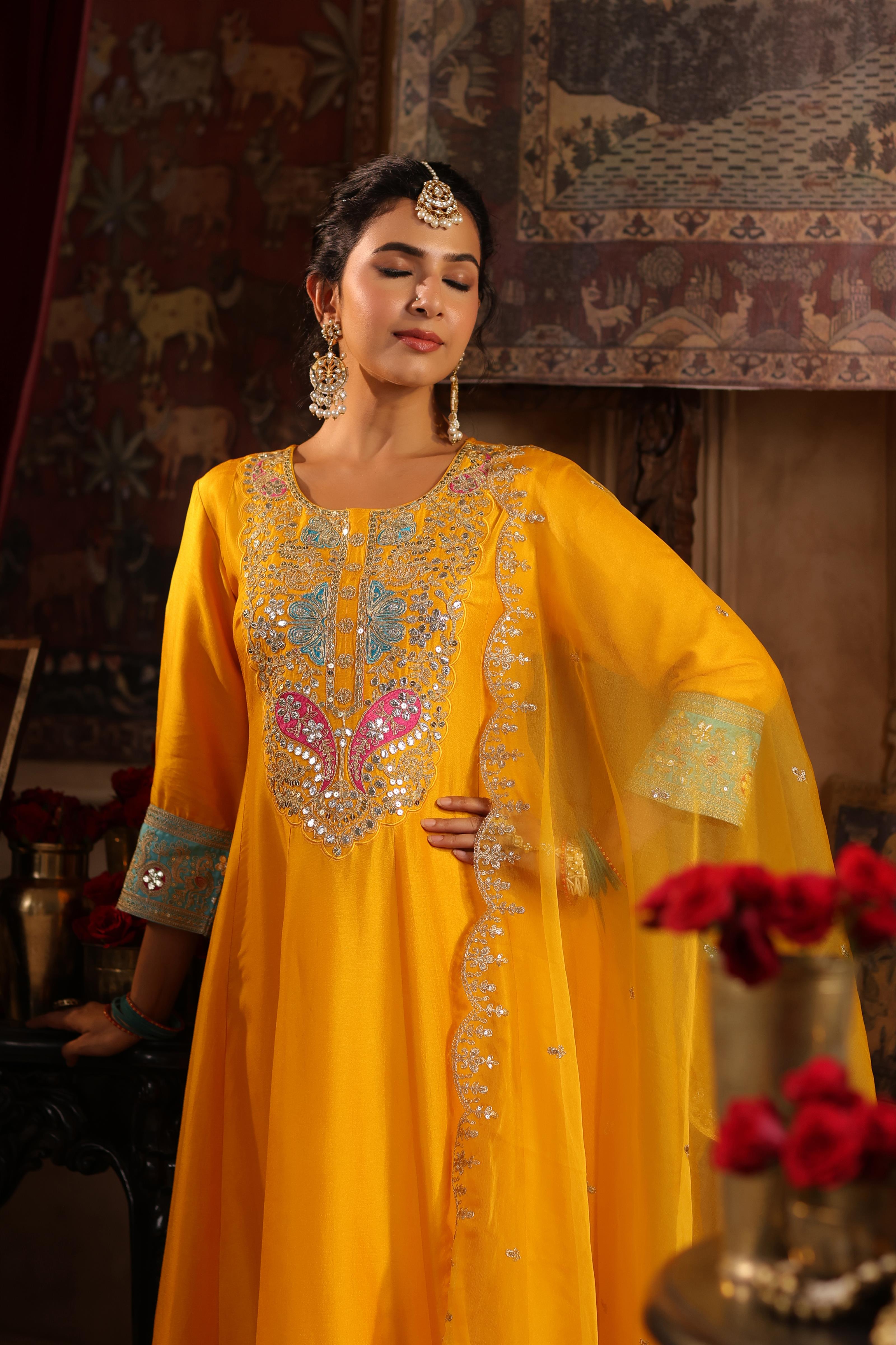 Yellow Dupion Silk Dori-Gota Work Anarkali Set