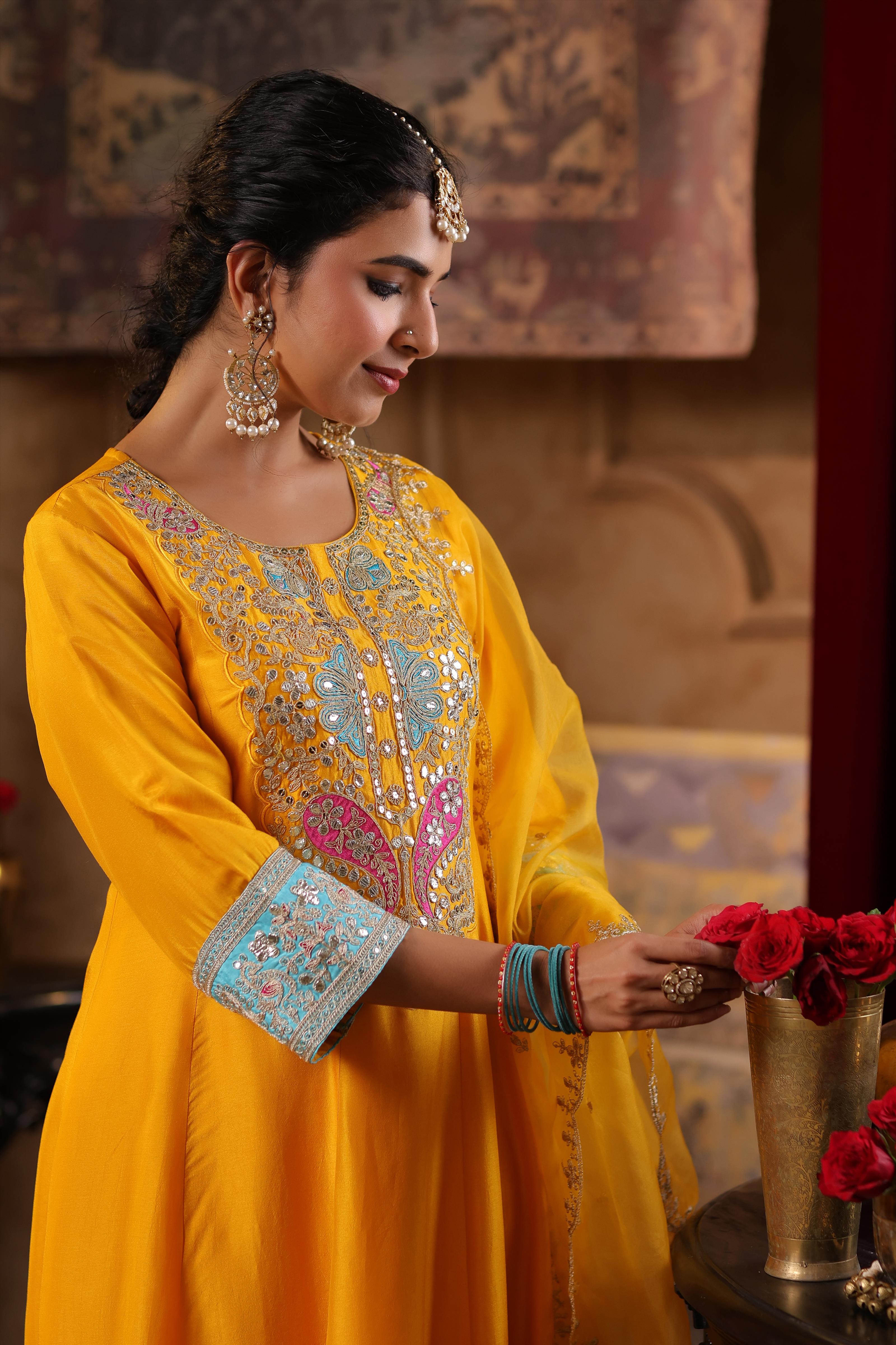 Yellow Dupion Silk Dori-Gota Work Anarkali Set