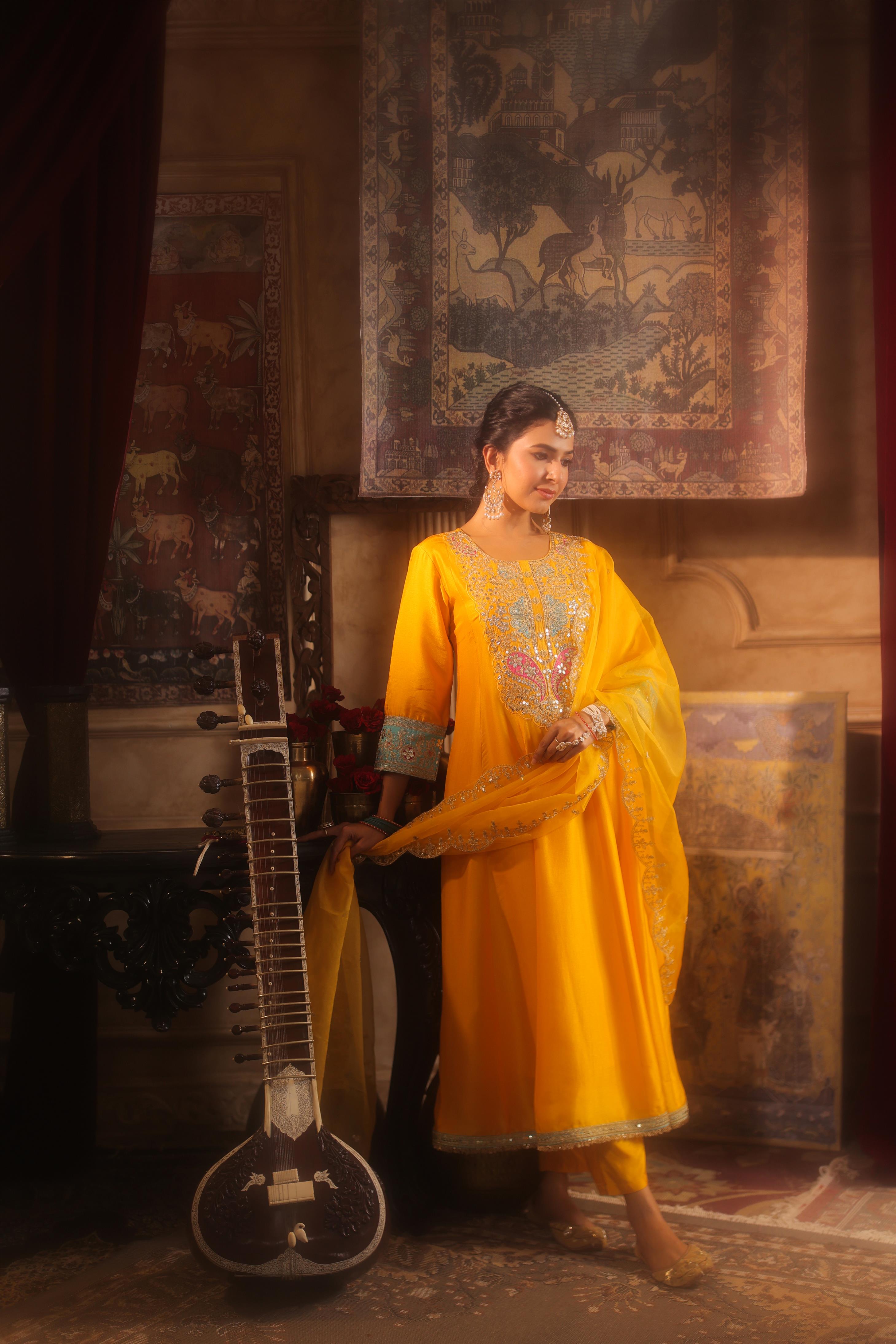 Yellow Dupion Silk Dori-Gota Work Anarkali Set