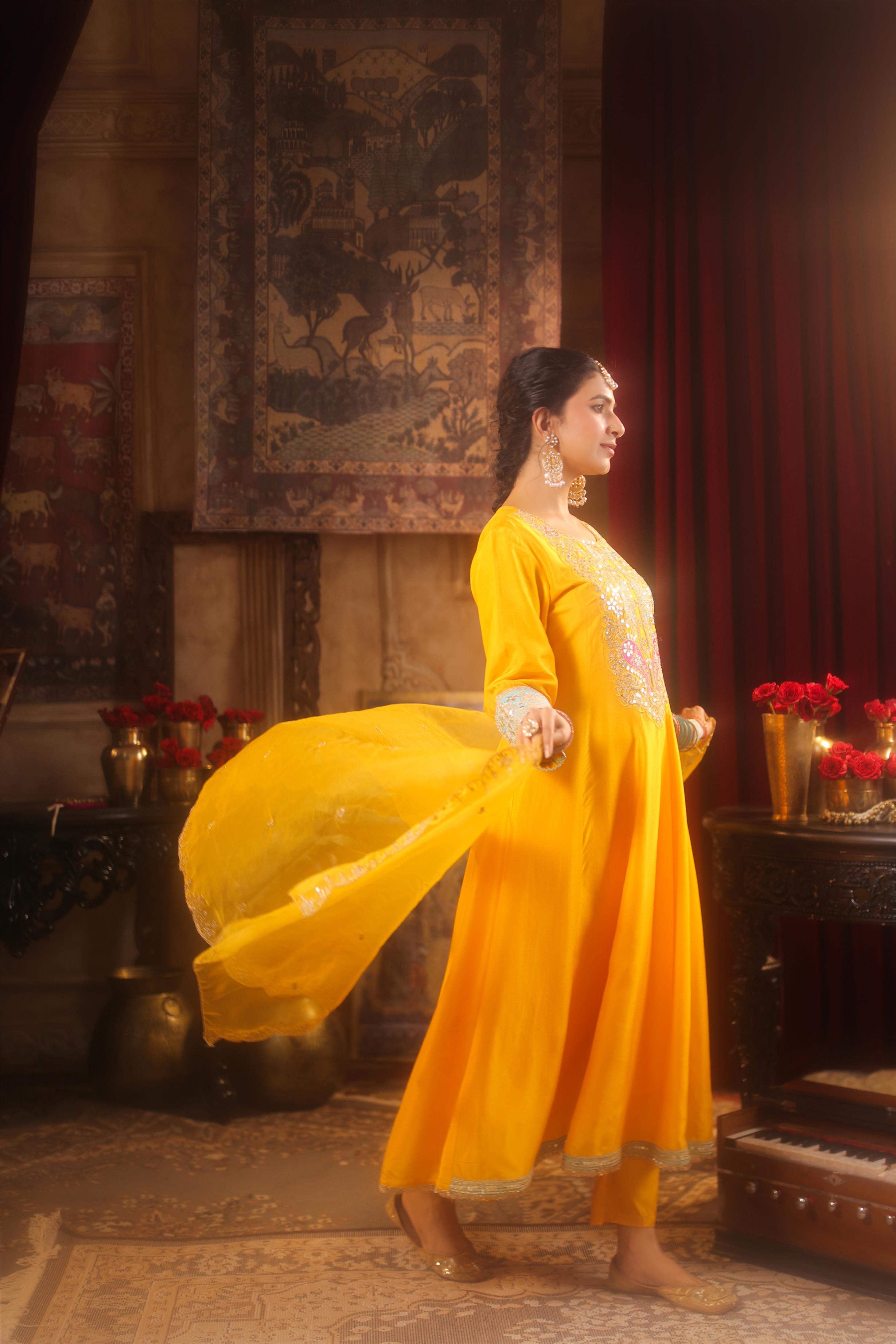 Yellow Dupion Silk Dori-Gota Work Anarkali Set