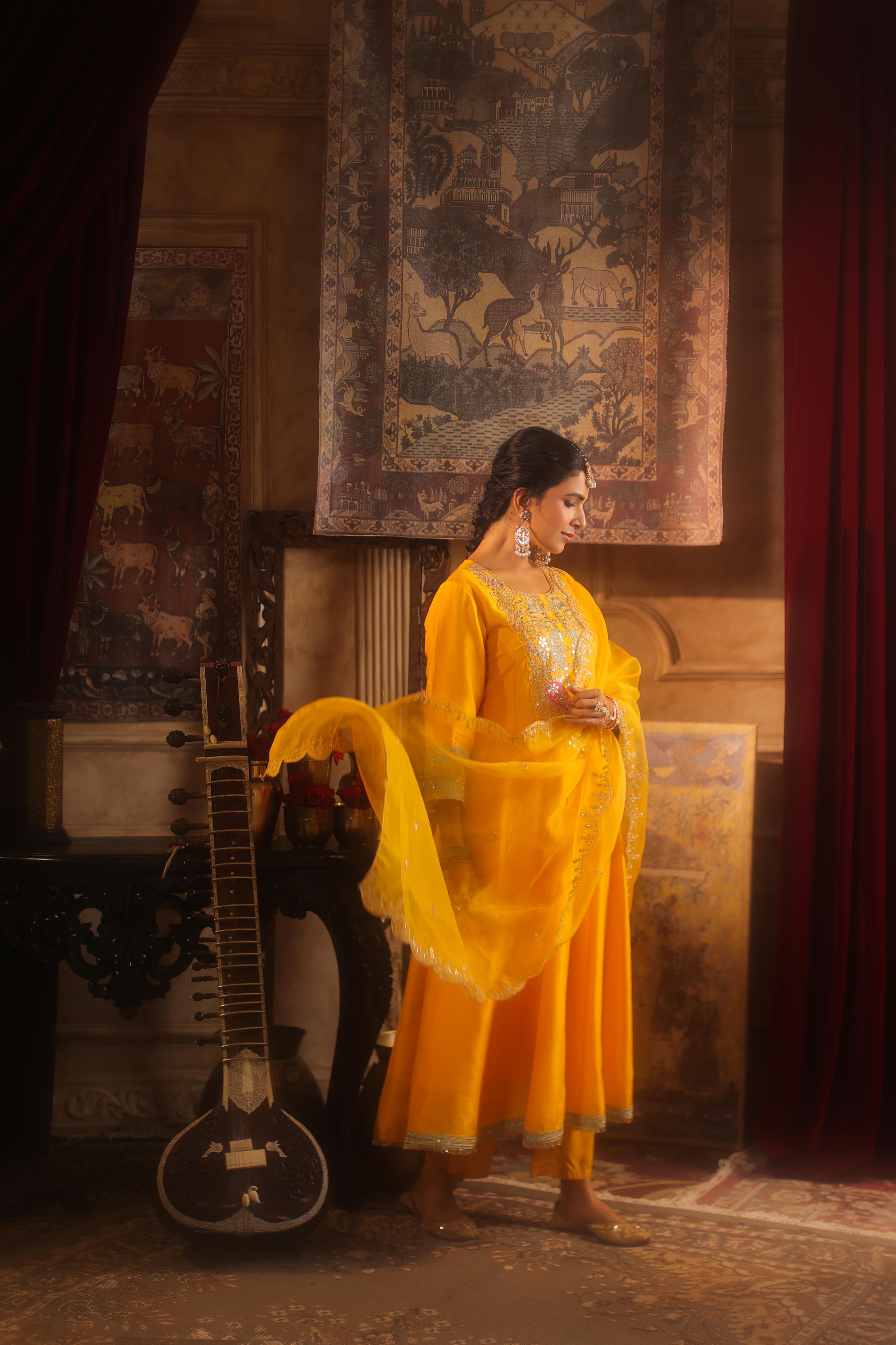 Yellow Dupion Silk Dori-Gota Work Anarkali Set