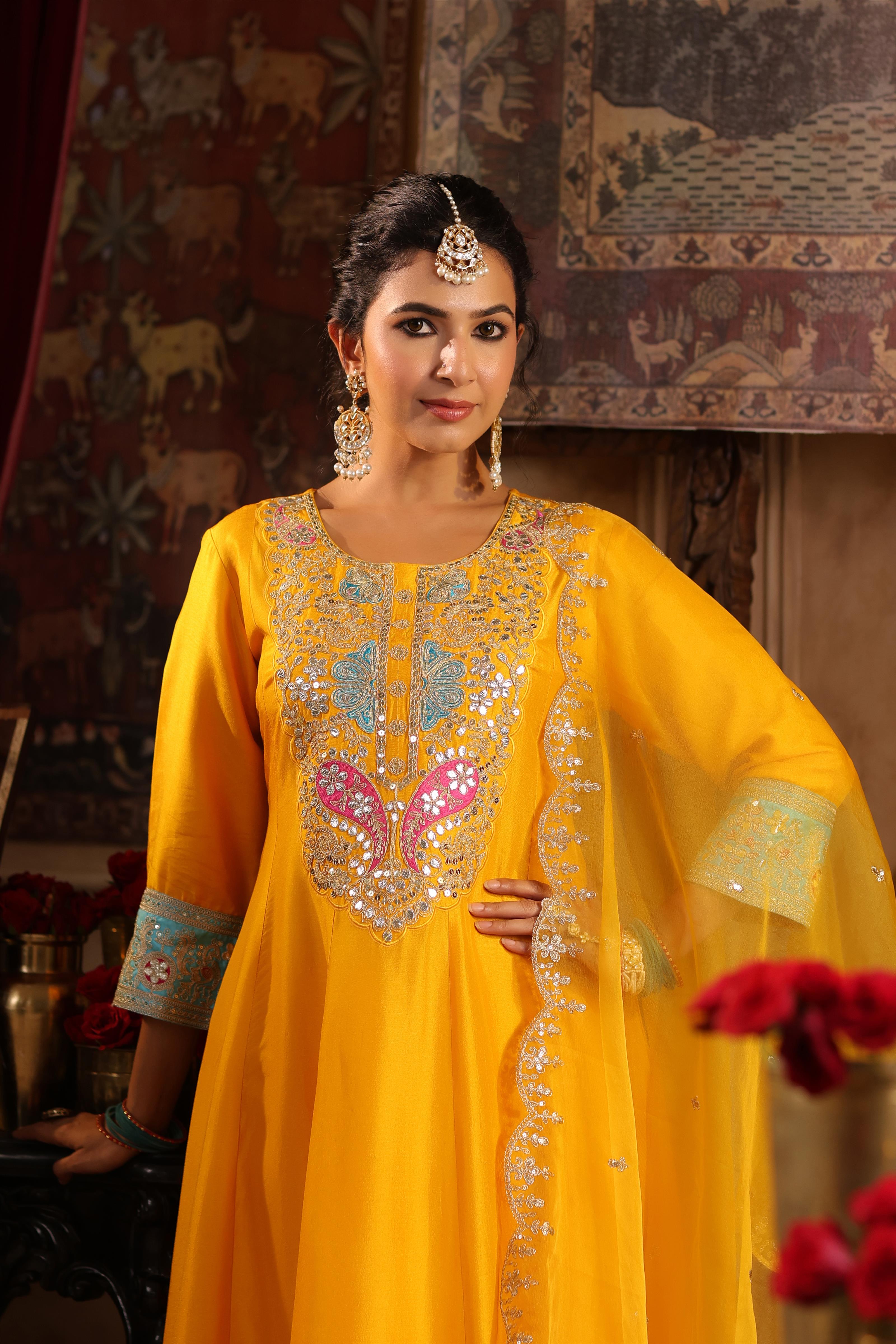 Yellow Dupion Silk Dori-Gota Work Anarkali Set