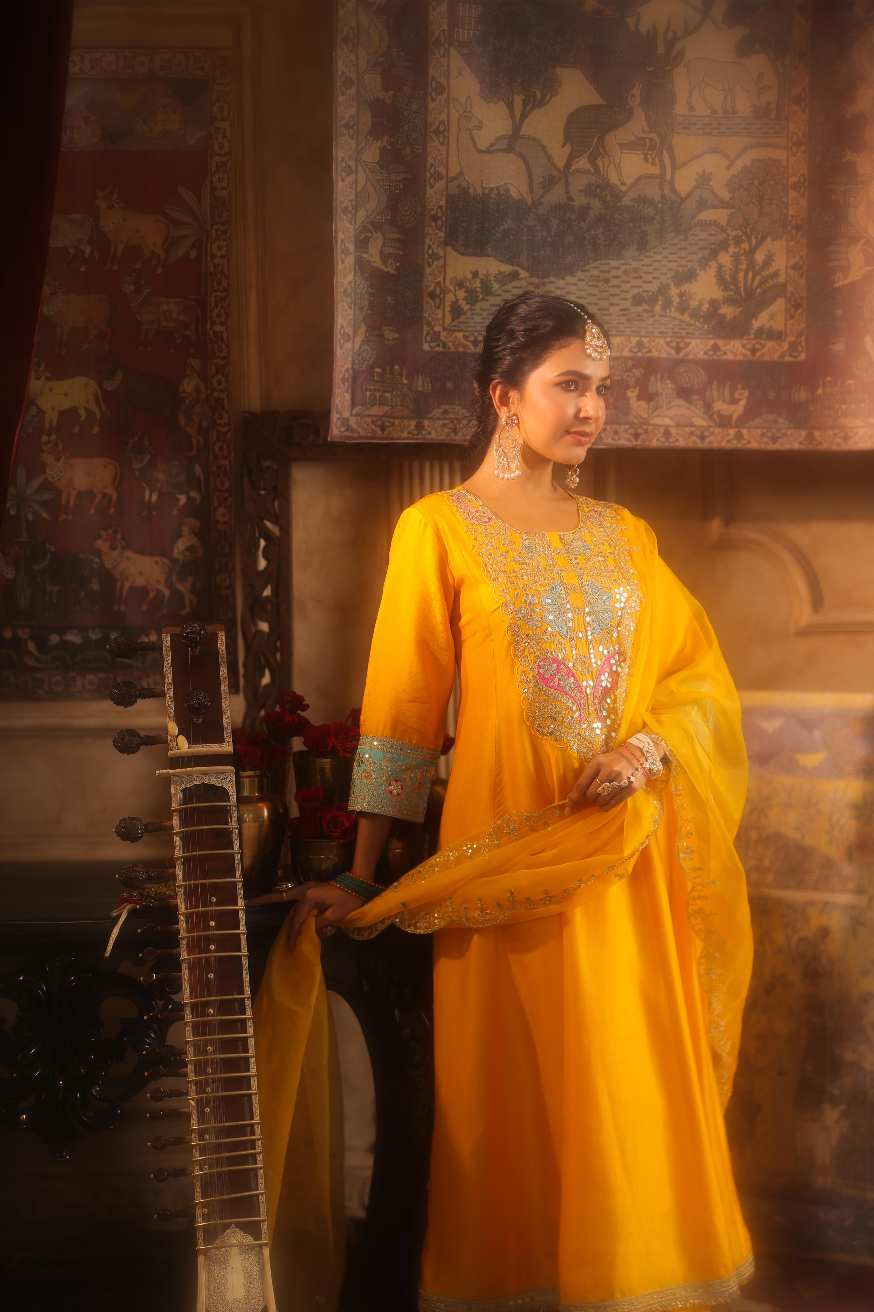 Yellow Dupion Silk Dori-Gota Work Anarkali Set