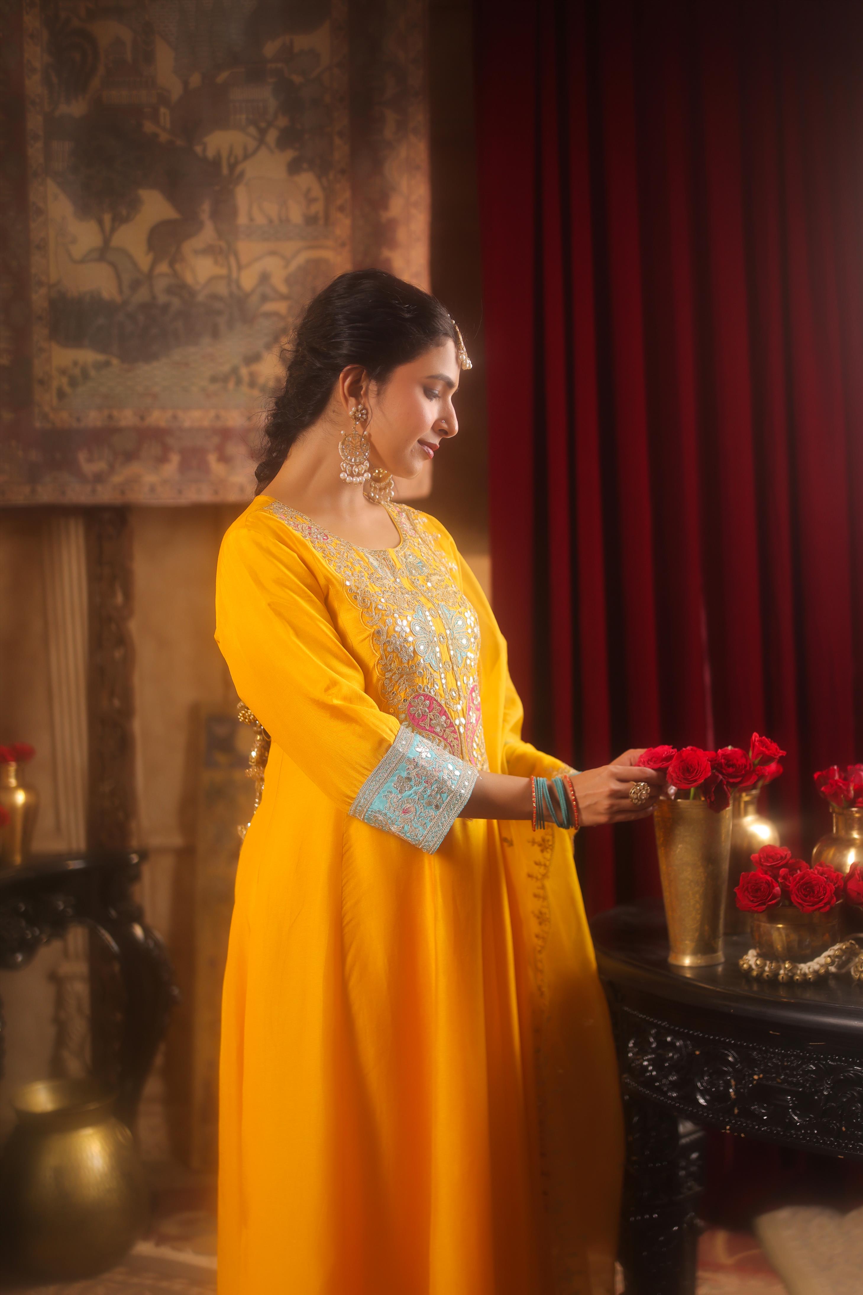 Yellow Dupion Silk Dori-Gota Work Anarkali Set