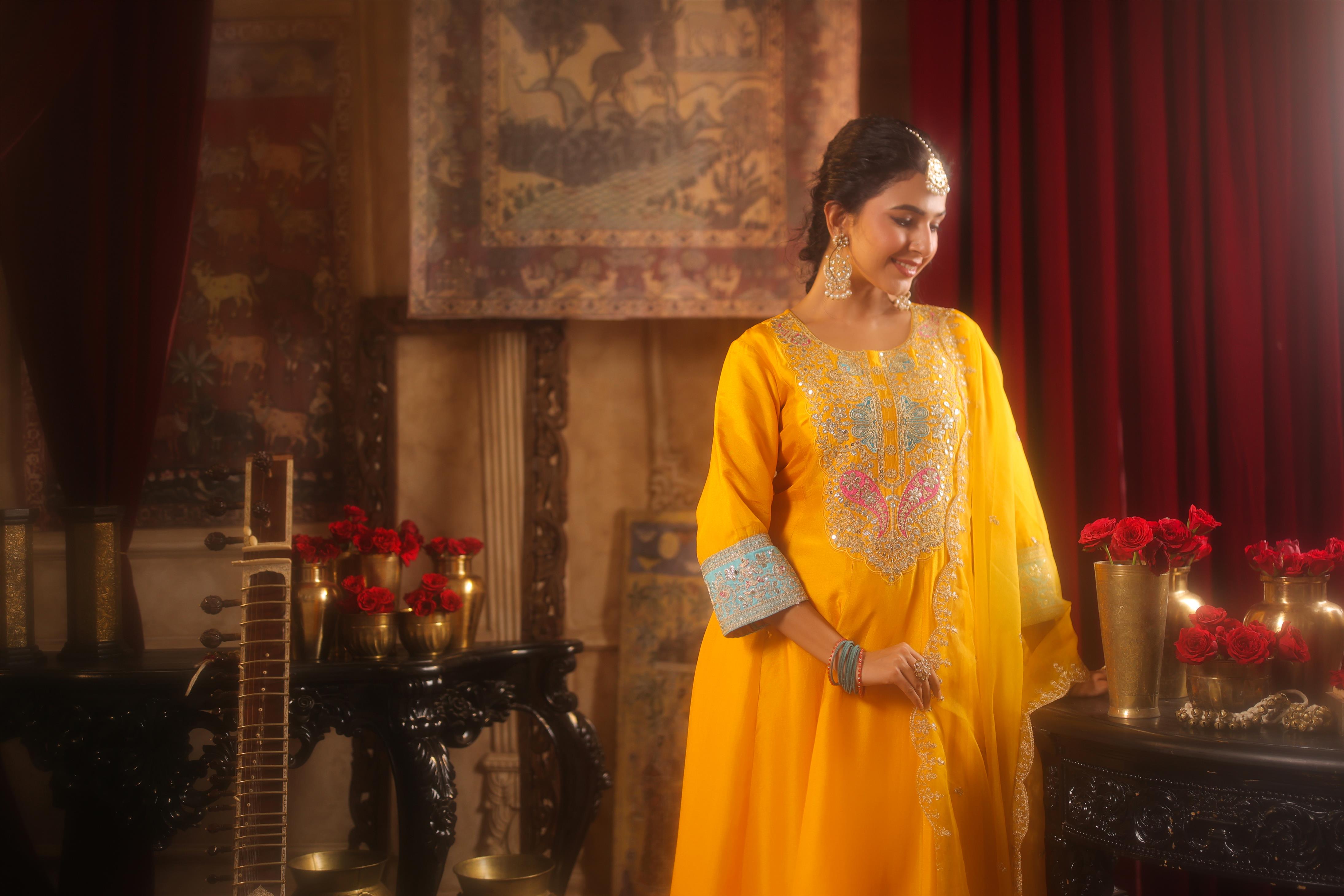 Yellow Dupion Silk Dori-Gota Work Anarkali Set