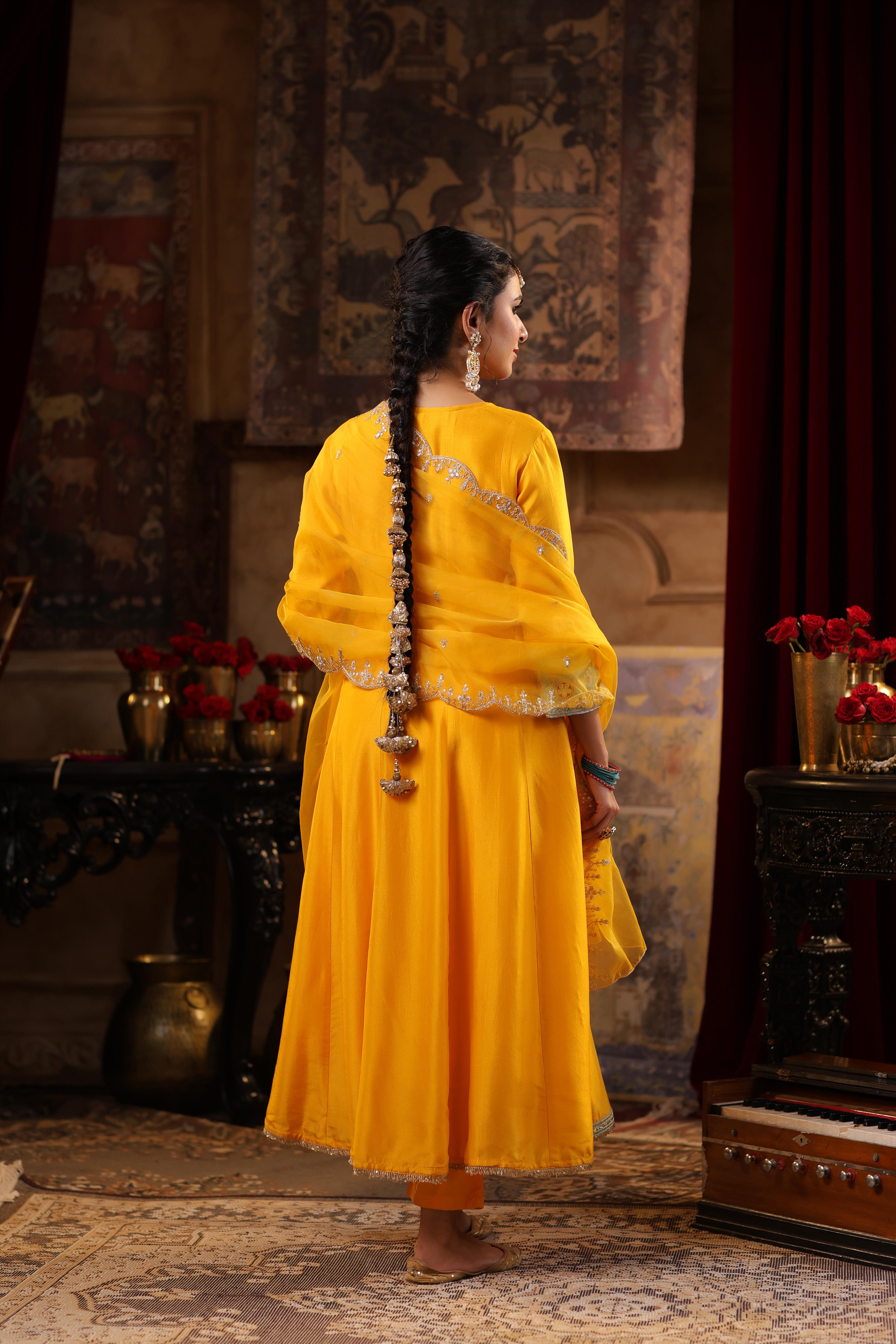 Yellow Dupion Silk Dori-Gota Work Anarkali Set