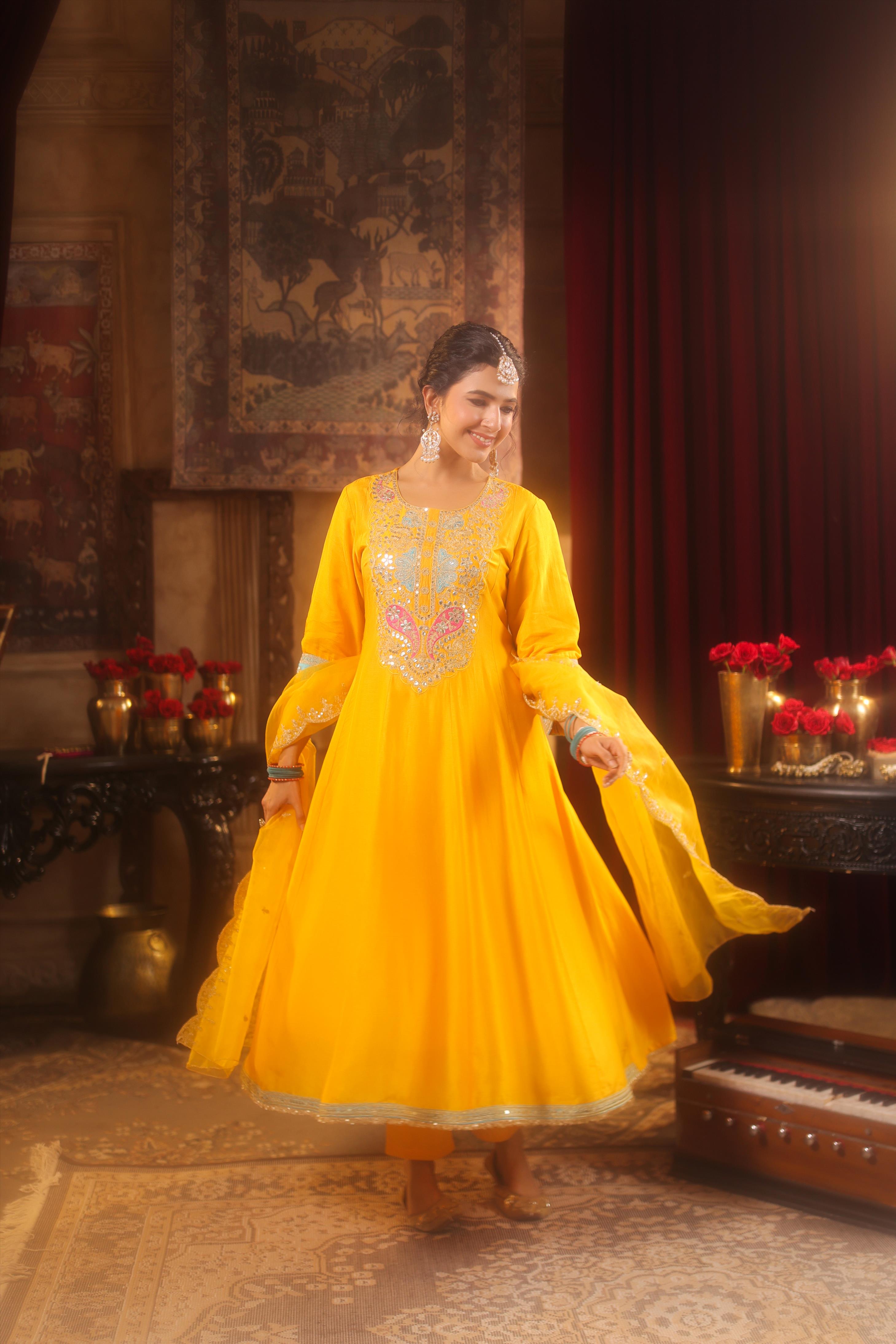 Yellow Dupion Silk Dori-Gota Work Anarkali Set