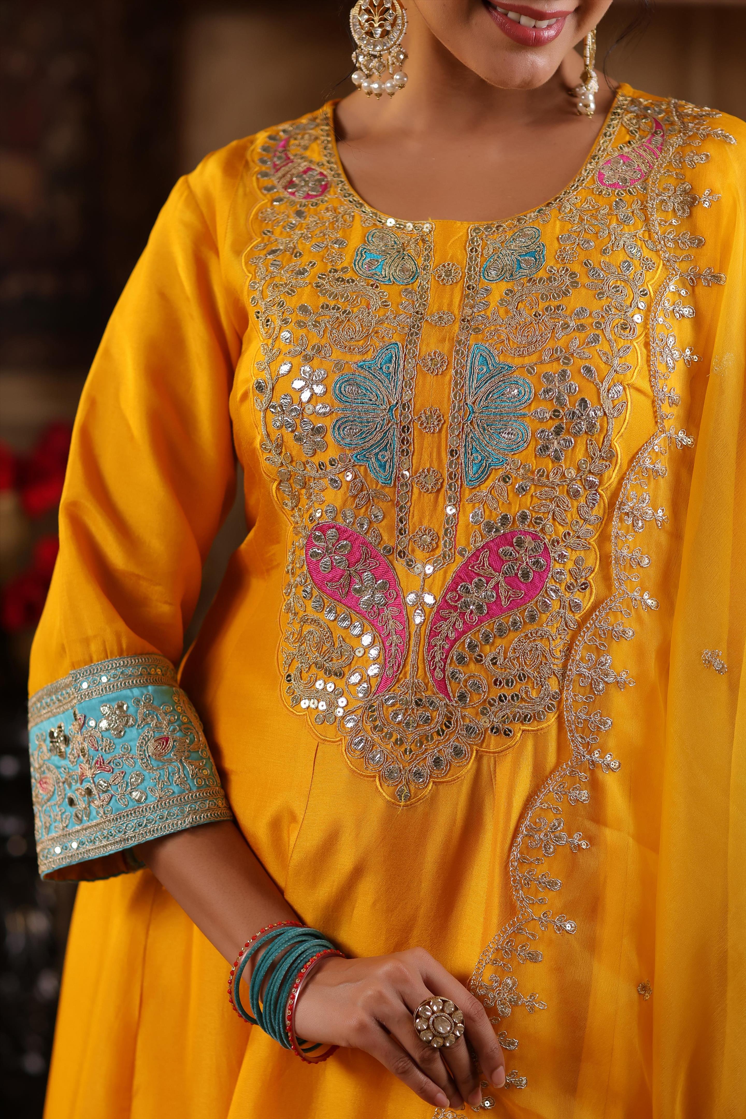 Yellow Dupion Silk Dori-Gota Work Anarkali Set