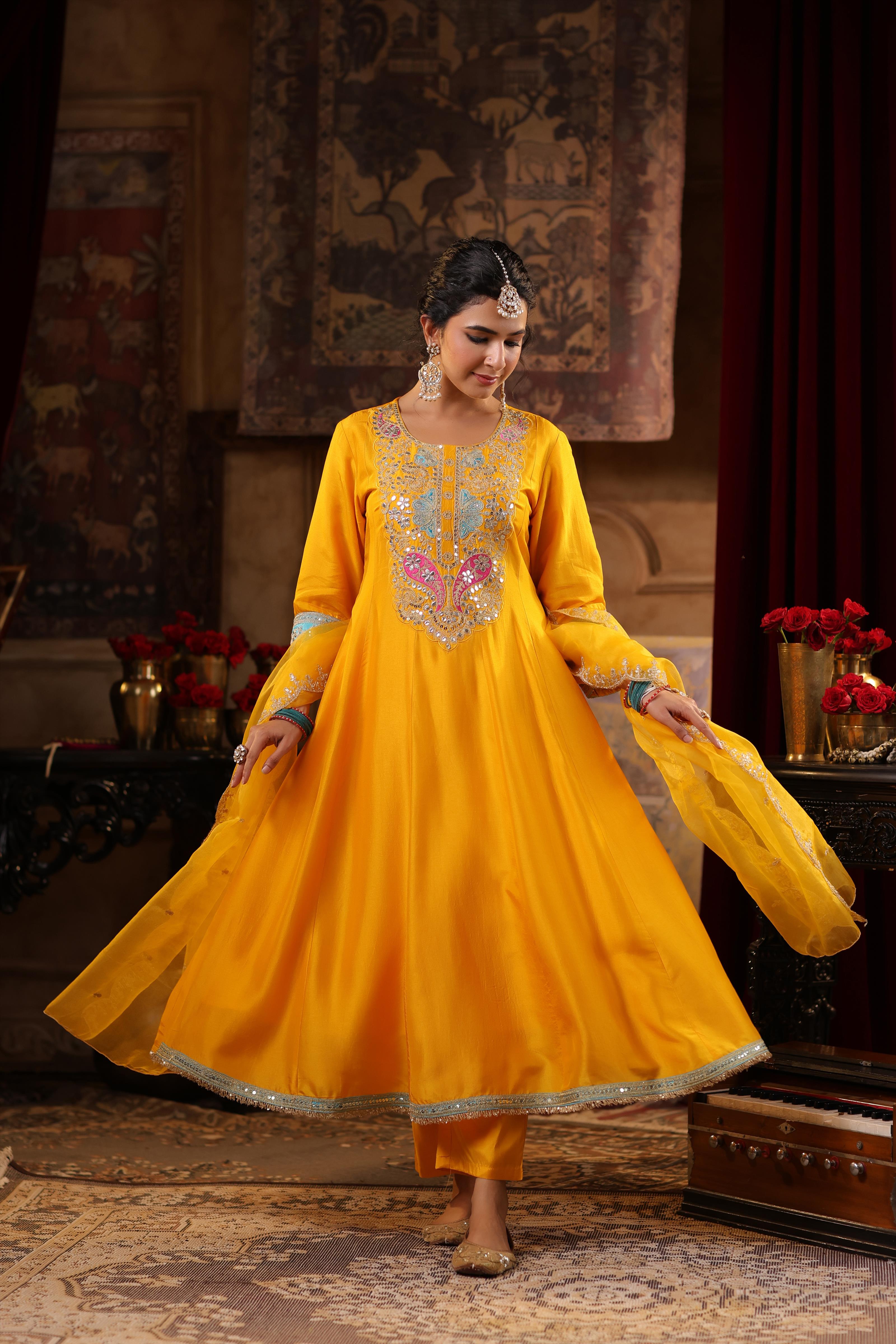 Yellow Dupion Silk Dori-Gota Work Anarkali Set