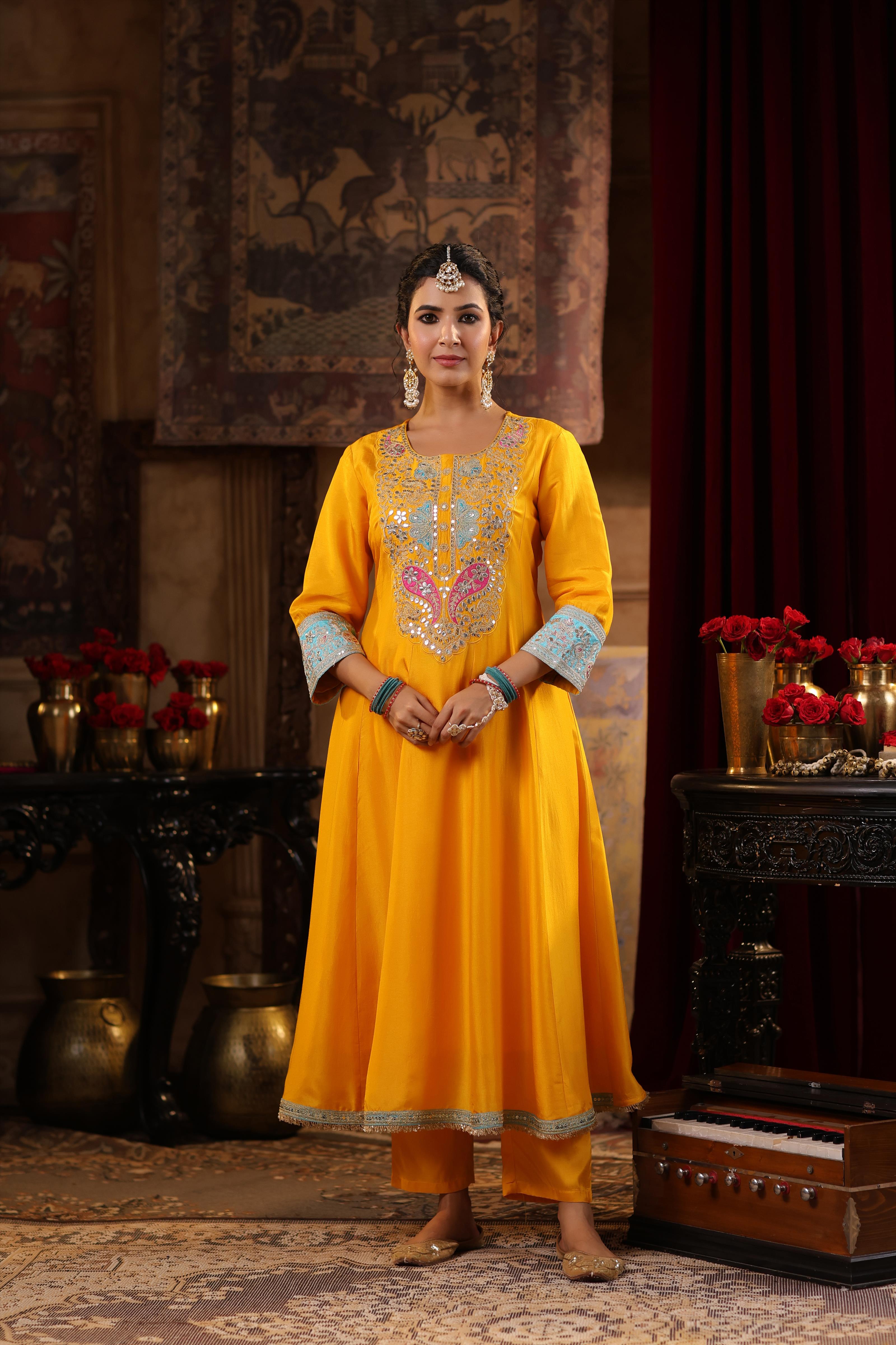 Yellow Dupion Silk Dori-Gota Work Anarkali Set