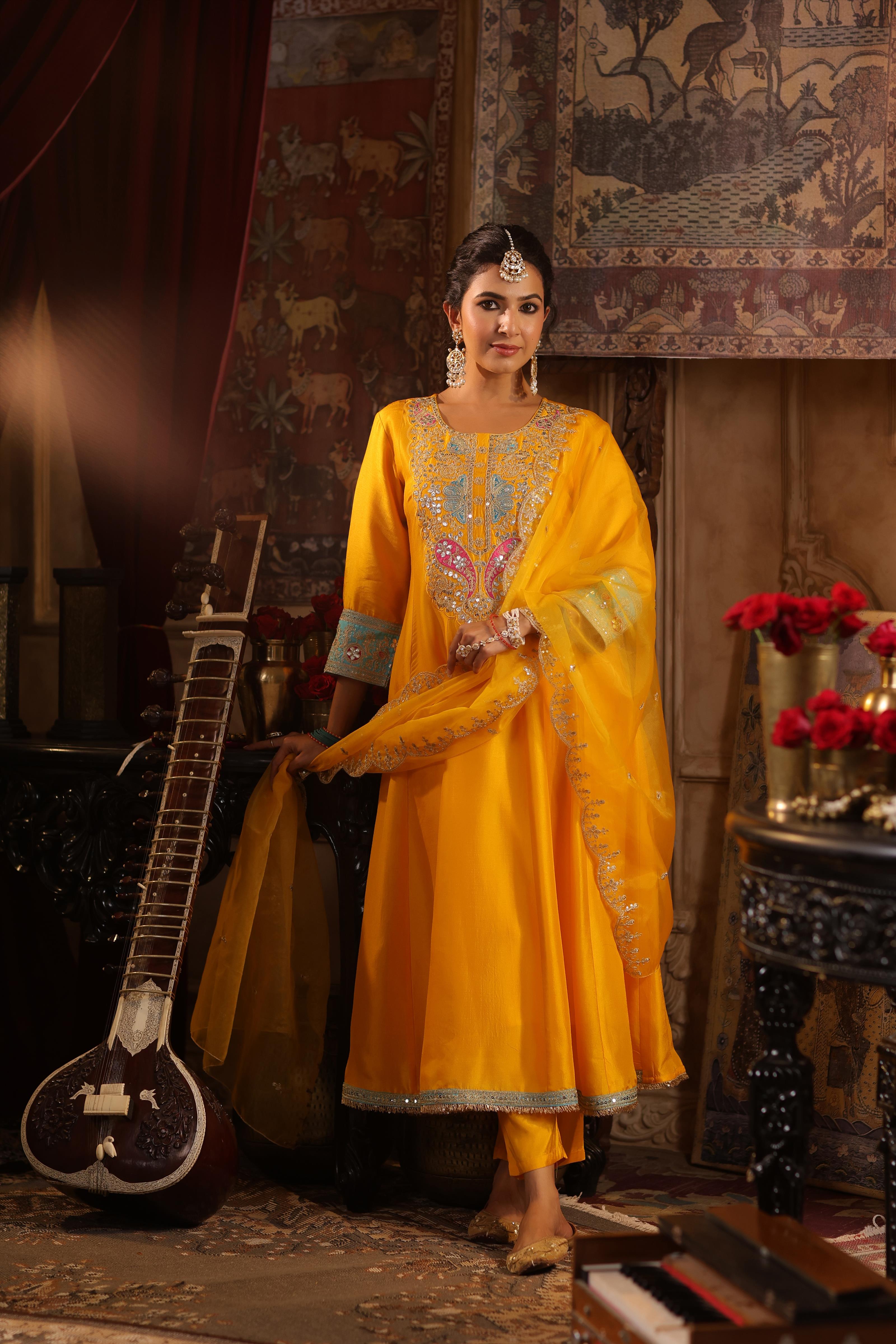 Yellow Dupion Silk Dori-Gota Work Anarkali Set