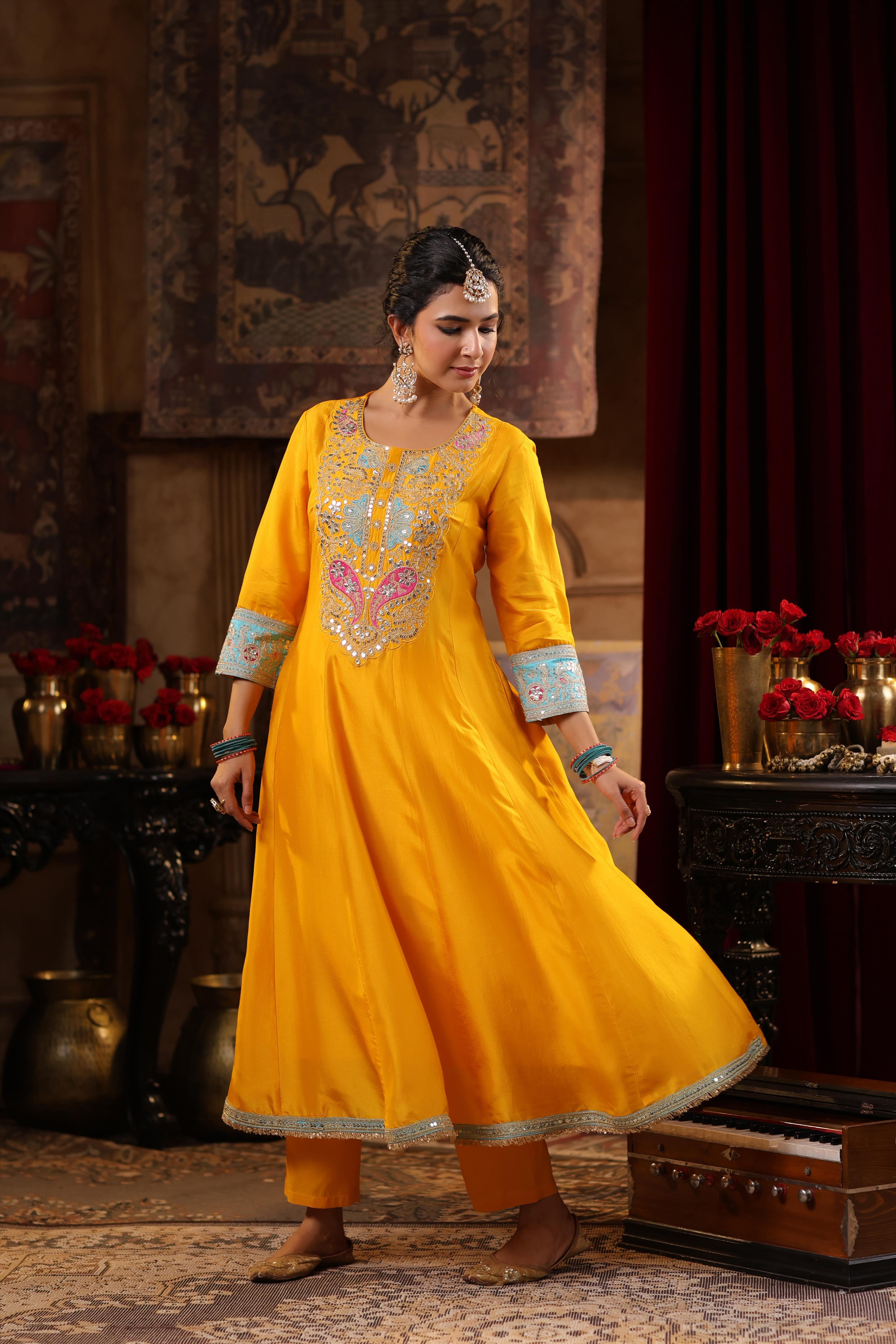 Yellow Dupion Silk Dori-Gota Work Anarkali Set