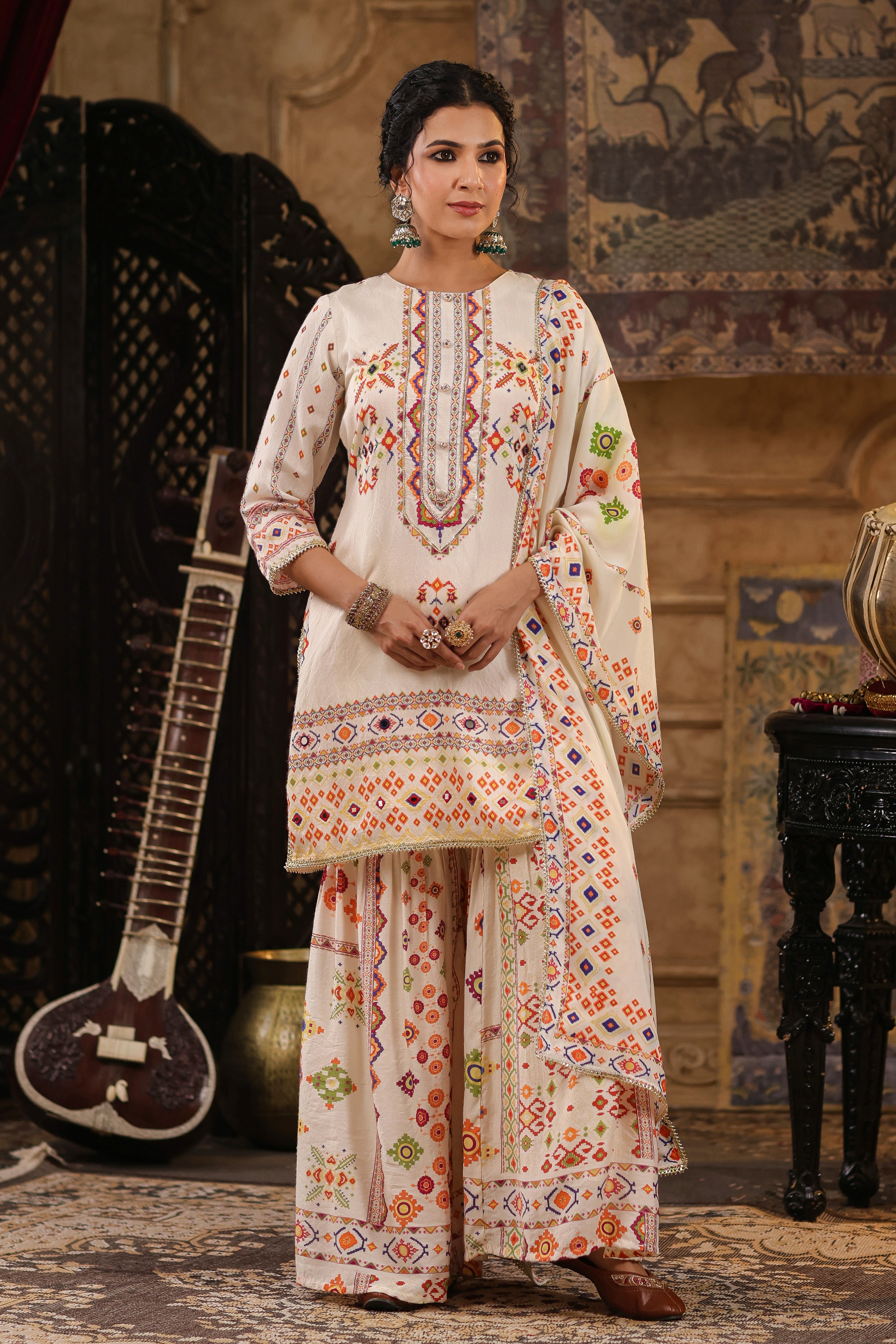 Ivory Chanderi Silk Patola Printed Sharara Set