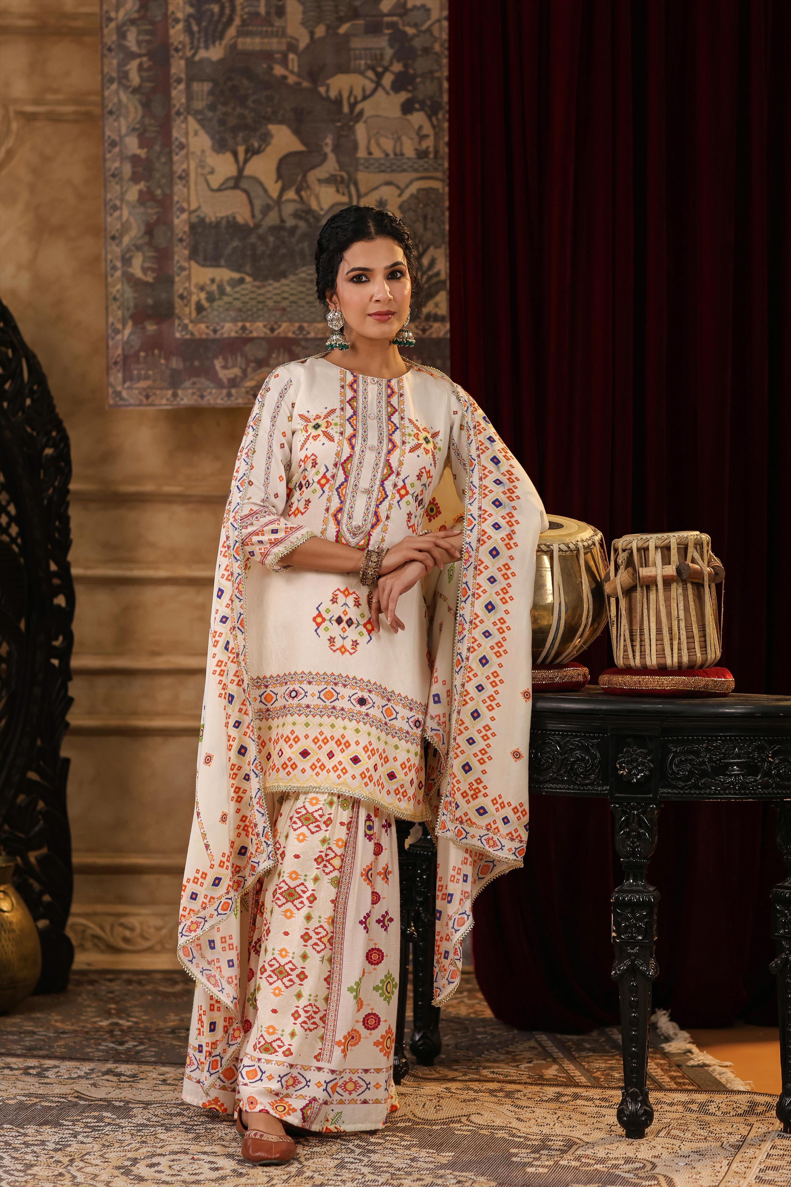 Ivory Chanderi Silk Patola Printed Sharara Set