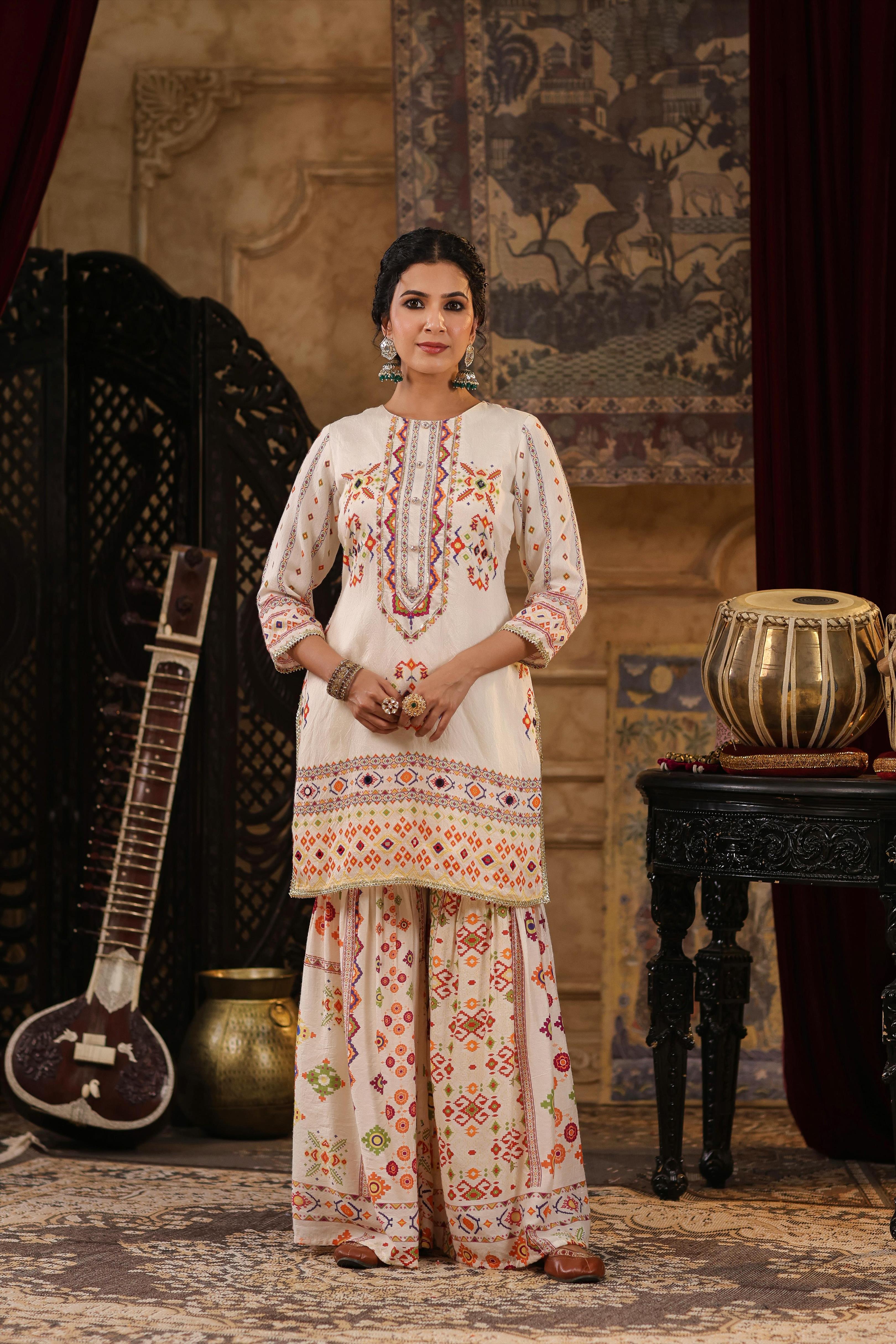 Ivory Chanderi Silk Patola Printed Sharara Set