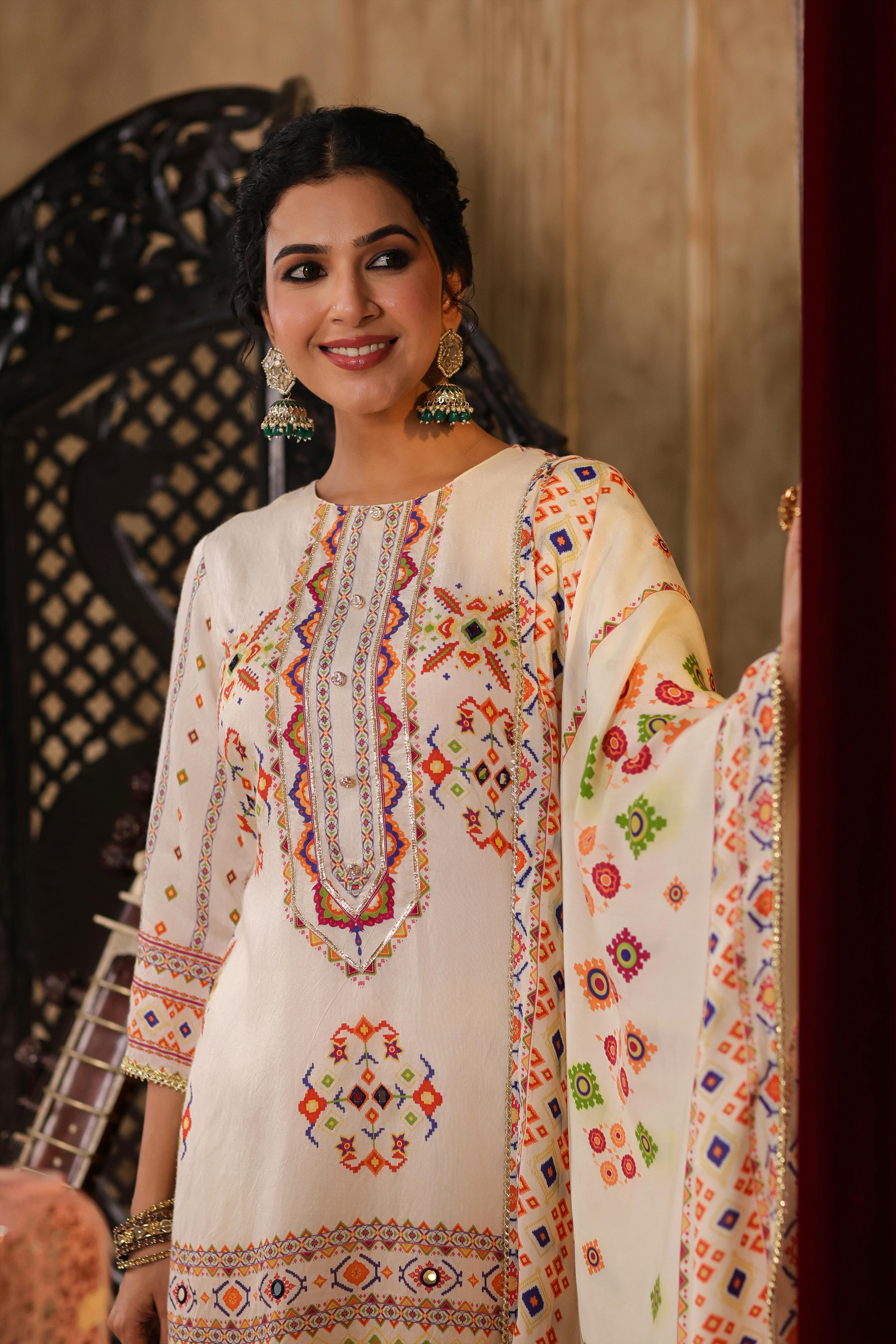 Ivory Chanderi Silk Patola Printed Sharara Set