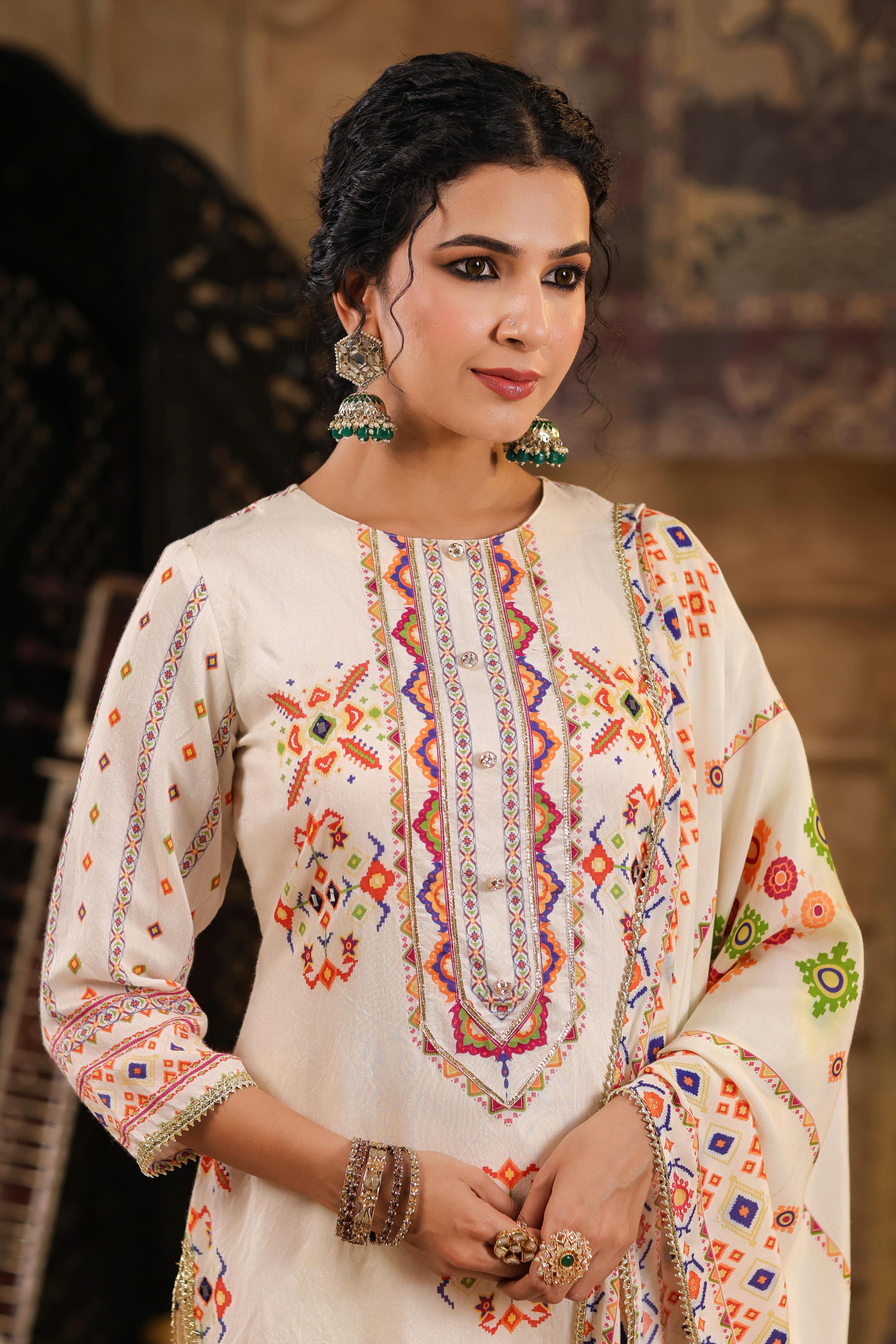 Ivory Chanderi Silk Patola Printed Sharara Set