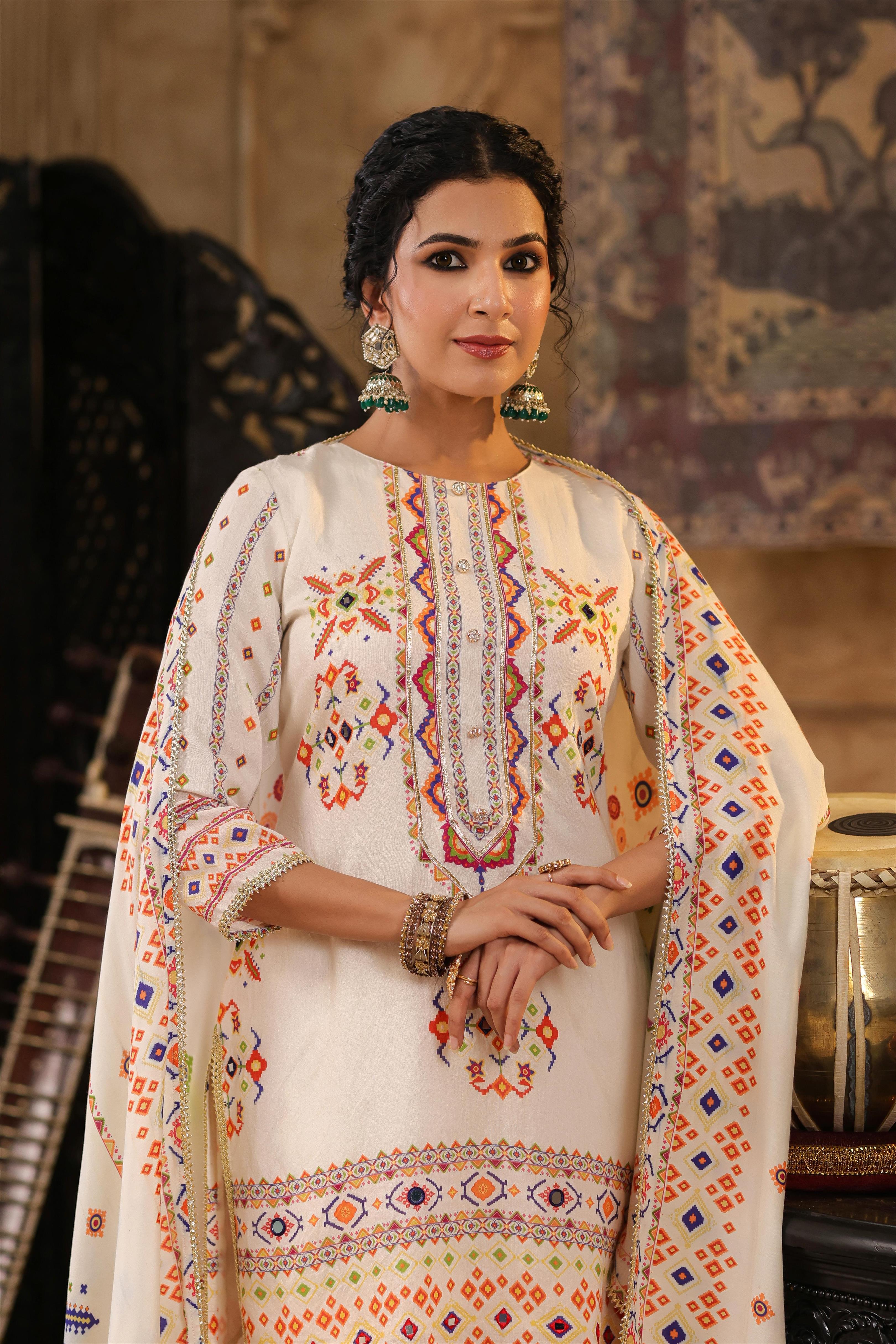 Ivory Chanderi Silk Patola Printed Sharara Set