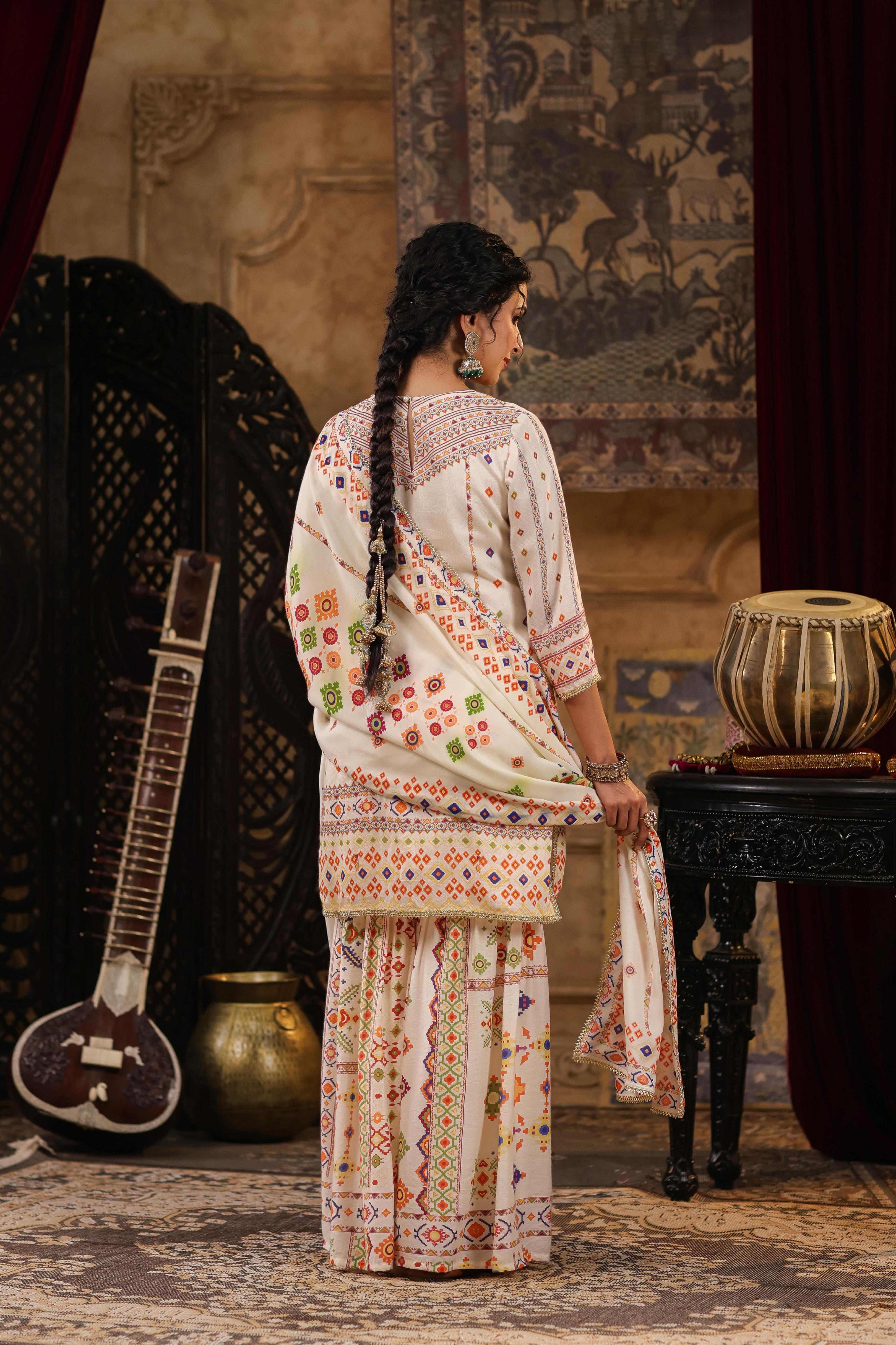 Ivory Chanderi Silk Patola Printed Sharara Set