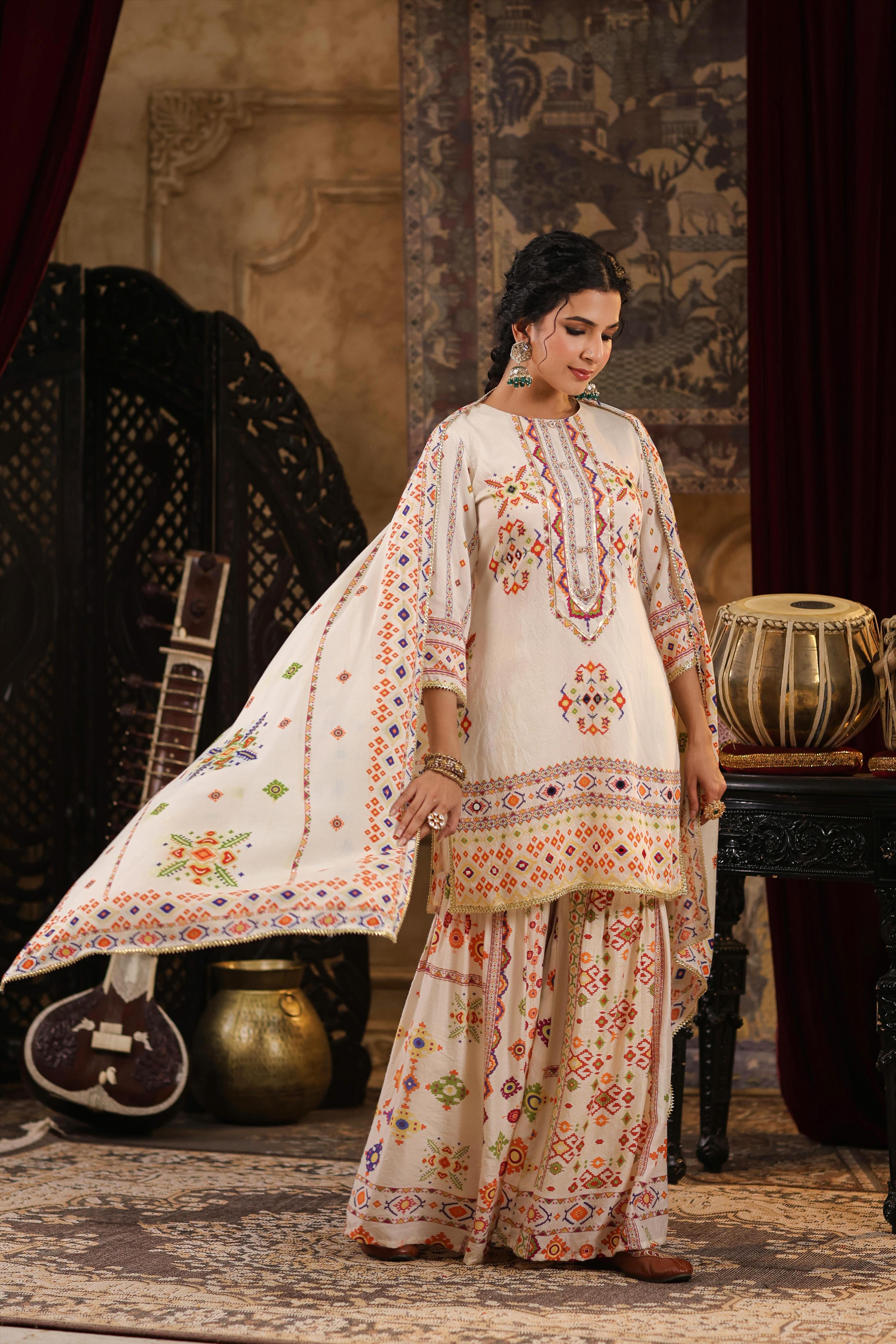 Ivory Chanderi Silk Patola Printed Sharara Set