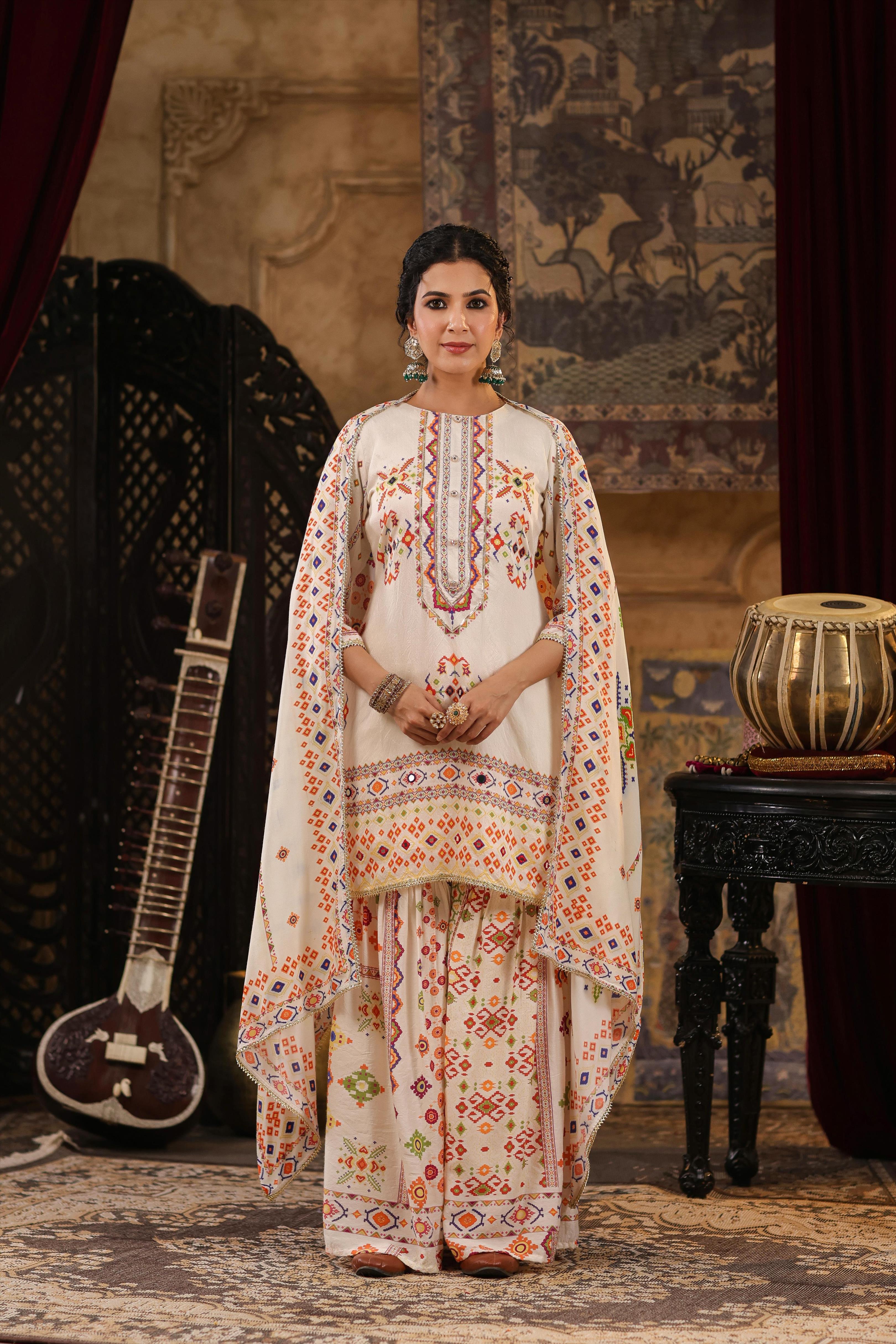 Ivory Chanderi Silk Patola Printed Sharara Set