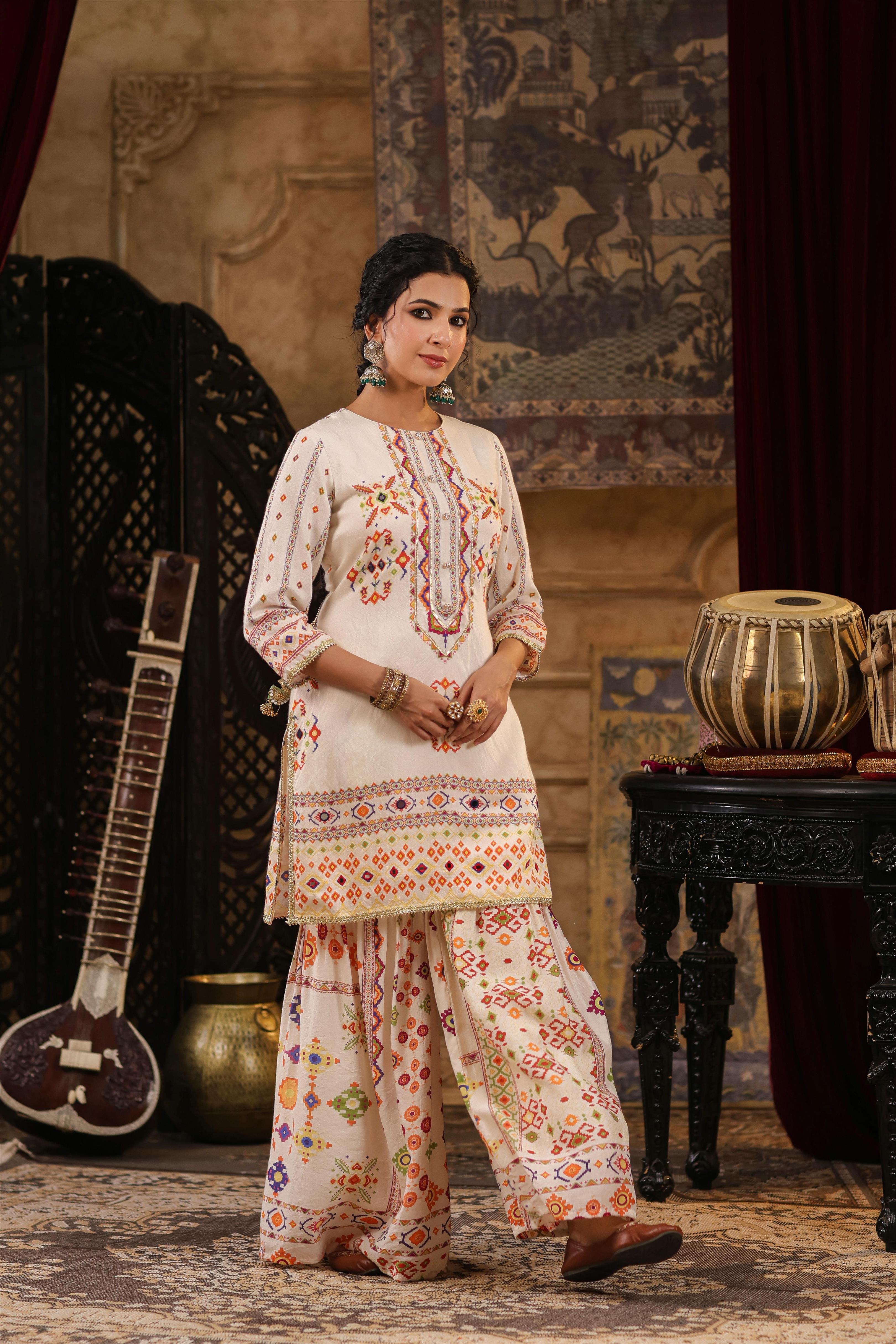 Ivory Chanderi Silk Patola Printed Sharara Set