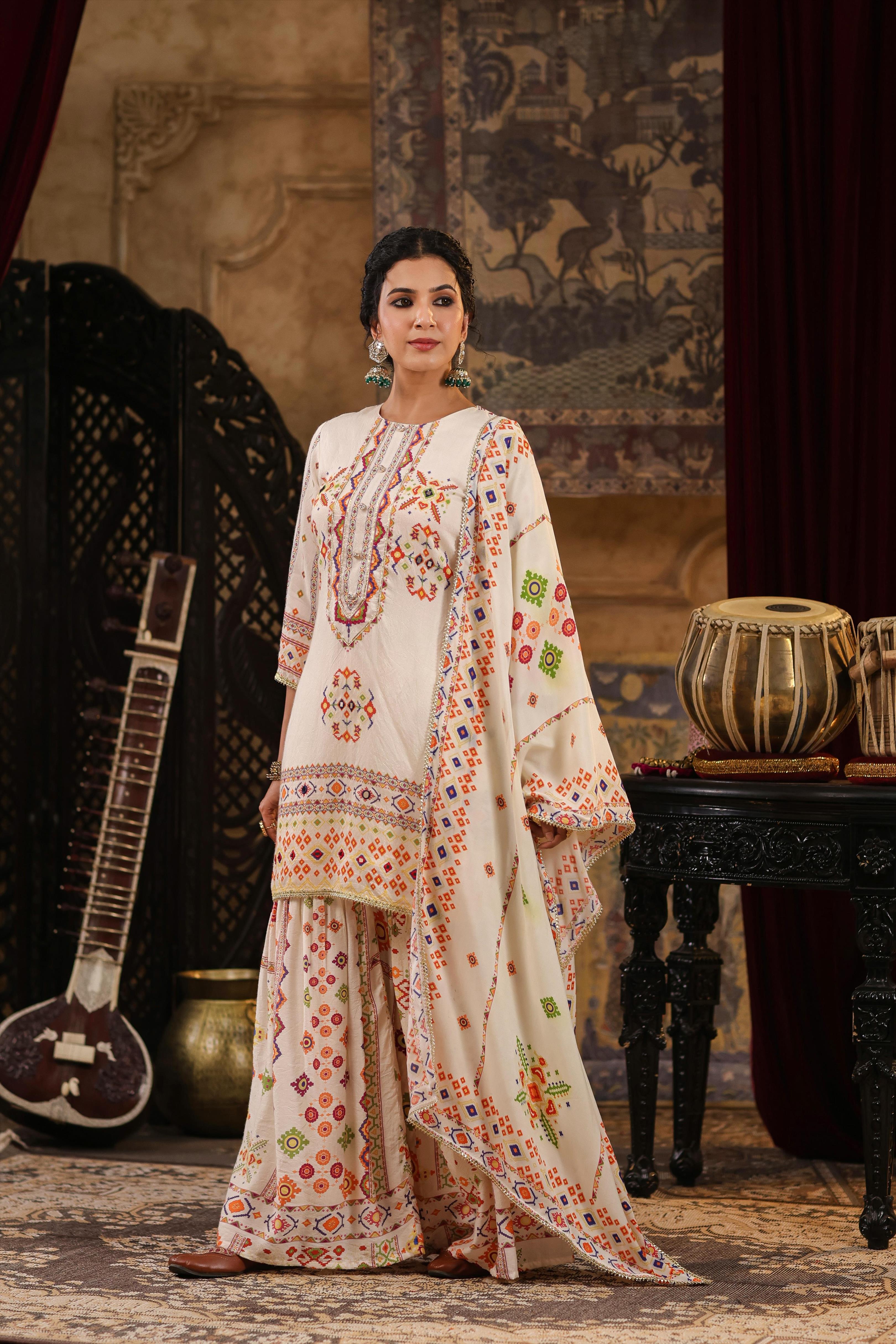 Ivory Chanderi Silk Patola Printed Sharara Set