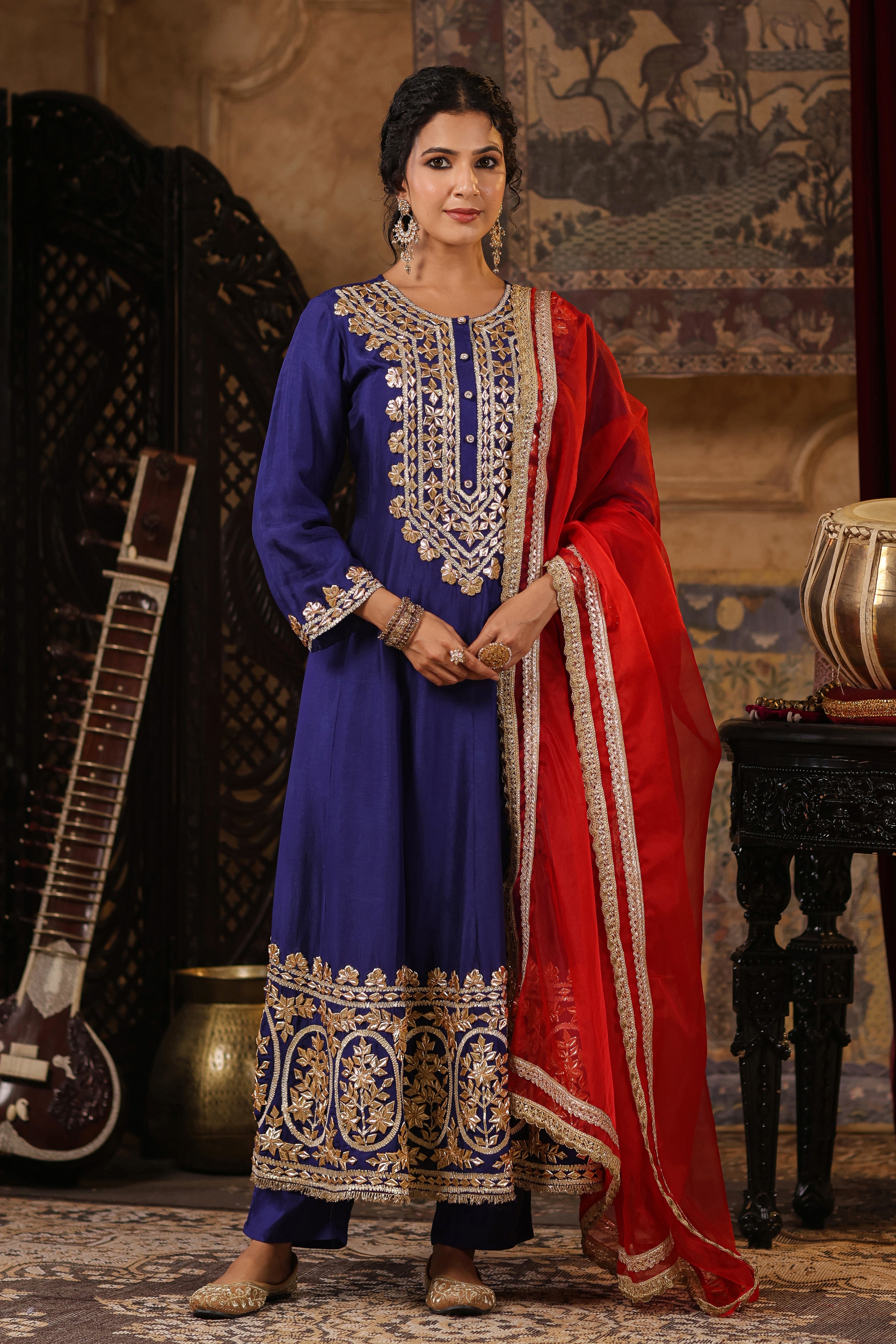 Navy Blue-Red Dupion Silk Gota Patti Work Anarkali Set