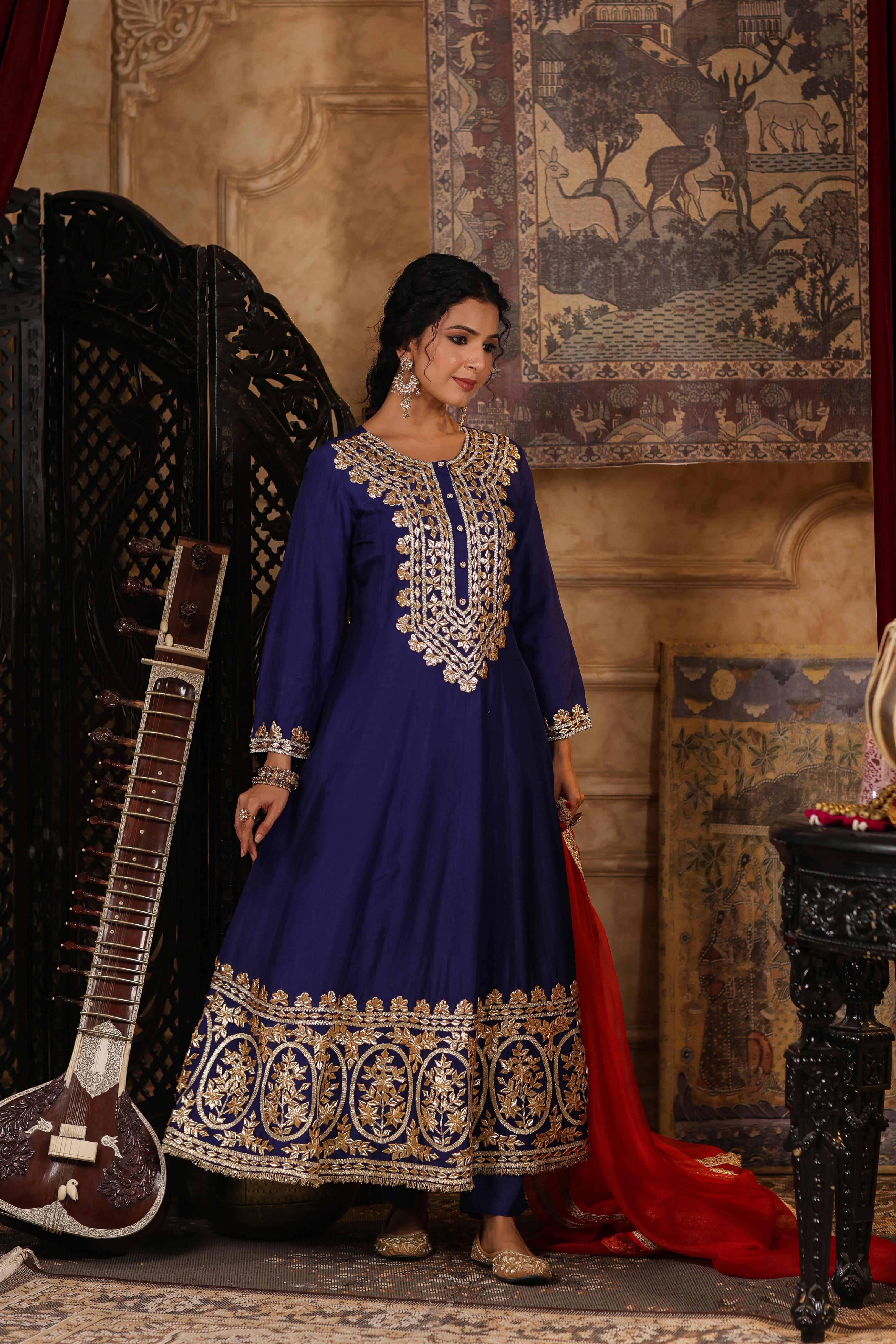 Navy Blue-Red Dupion Silk Gota Patti Work Anarkali Set