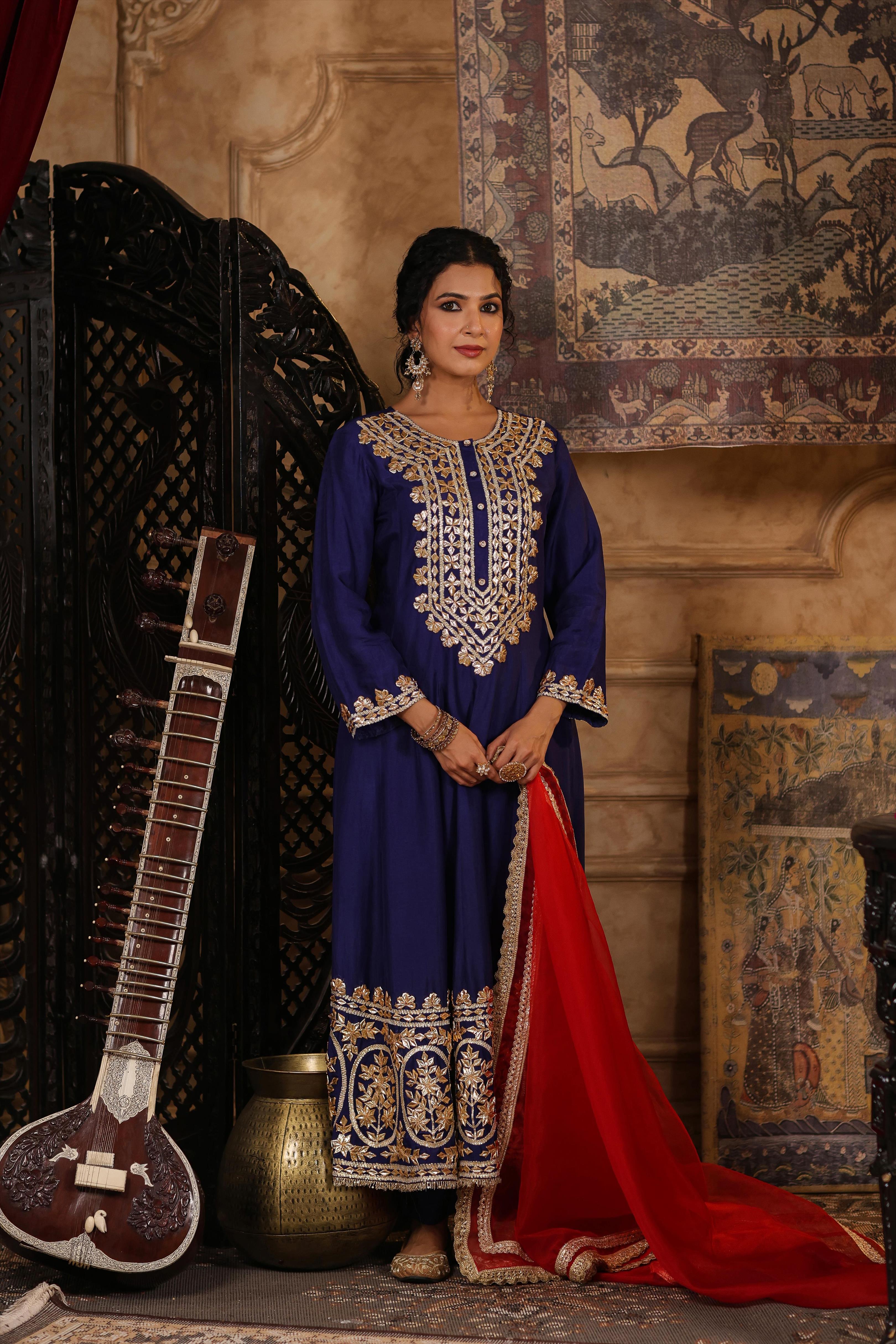 Navy Blue-Red Dupion Silk Gota Patti Work Anarkali Set